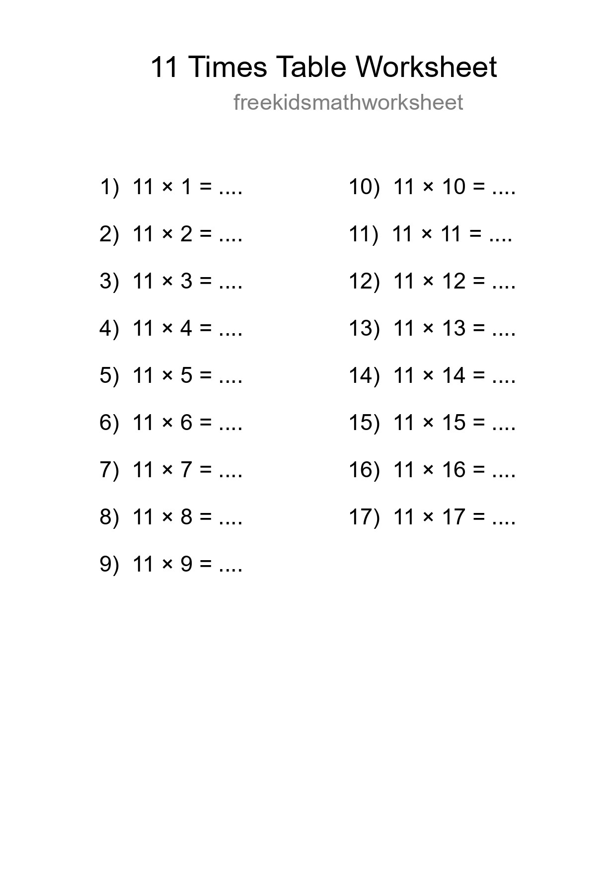 11 Times Table Worksheet For Grade 4 - Part 251