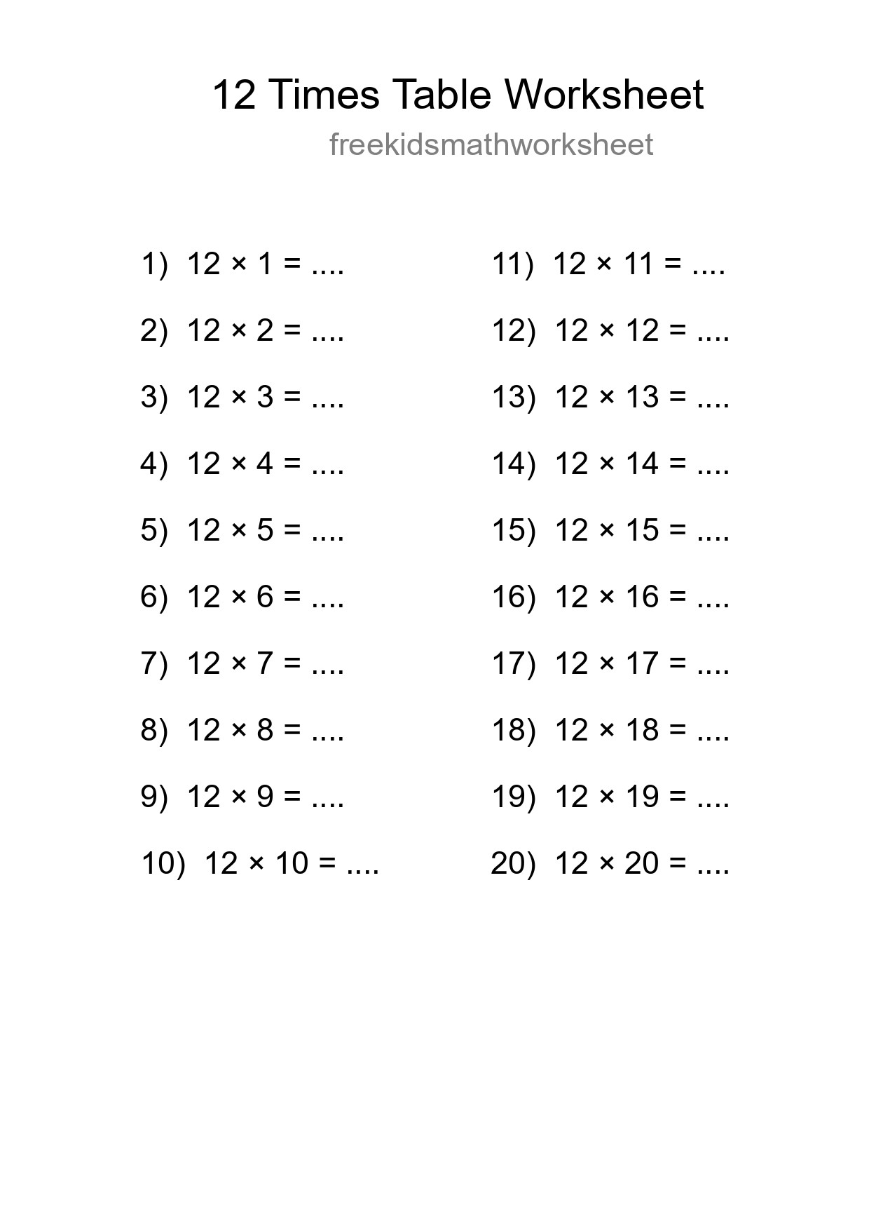 12 Times Table Worksheet For Grade 4 With Answers - Part 163