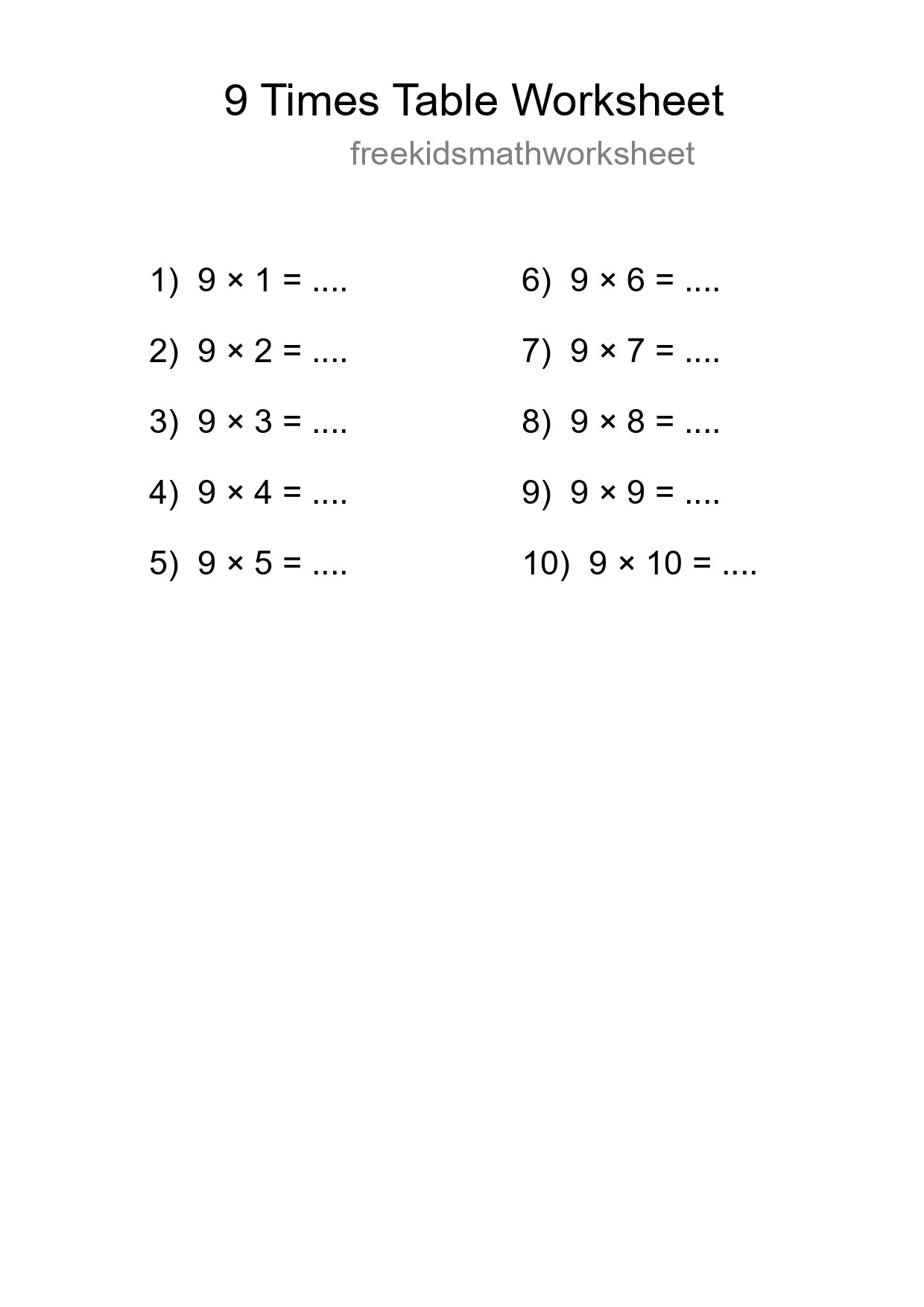9 Times Table Worksheet For Grade 3 - Part 86