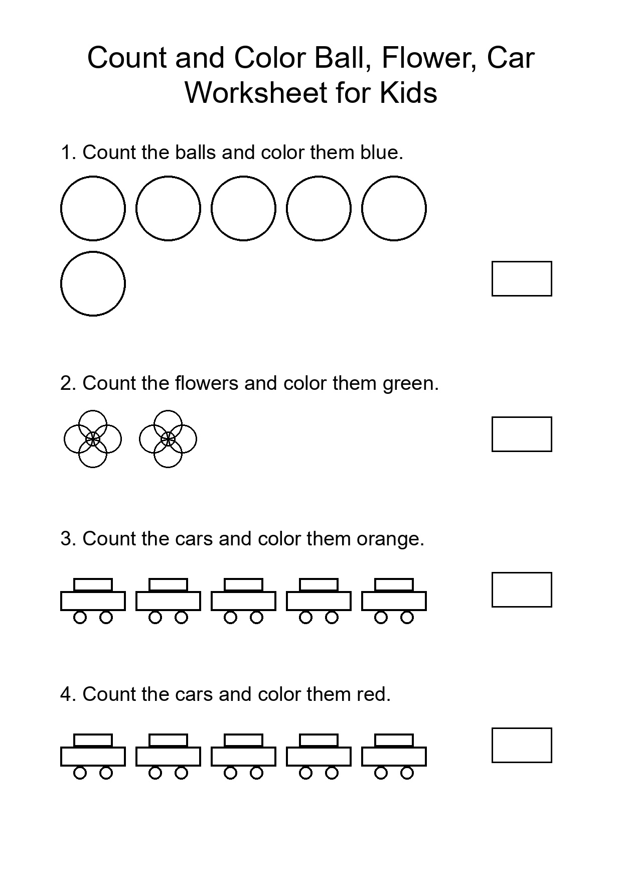 Count and Color Ball, Flower, Car Worksheet for Kids