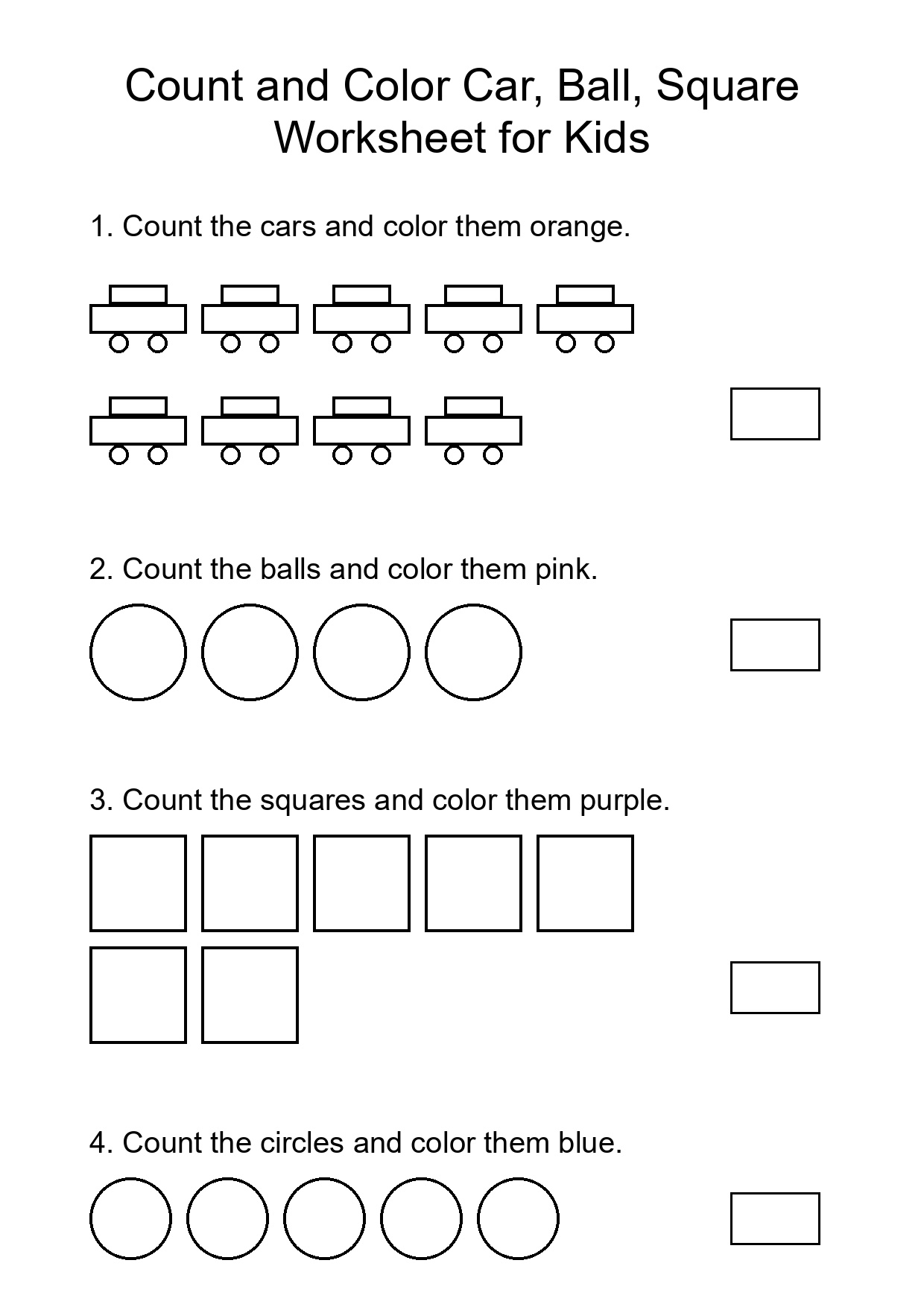 Count and Color Car, Ball, Square Worksheet for Kids