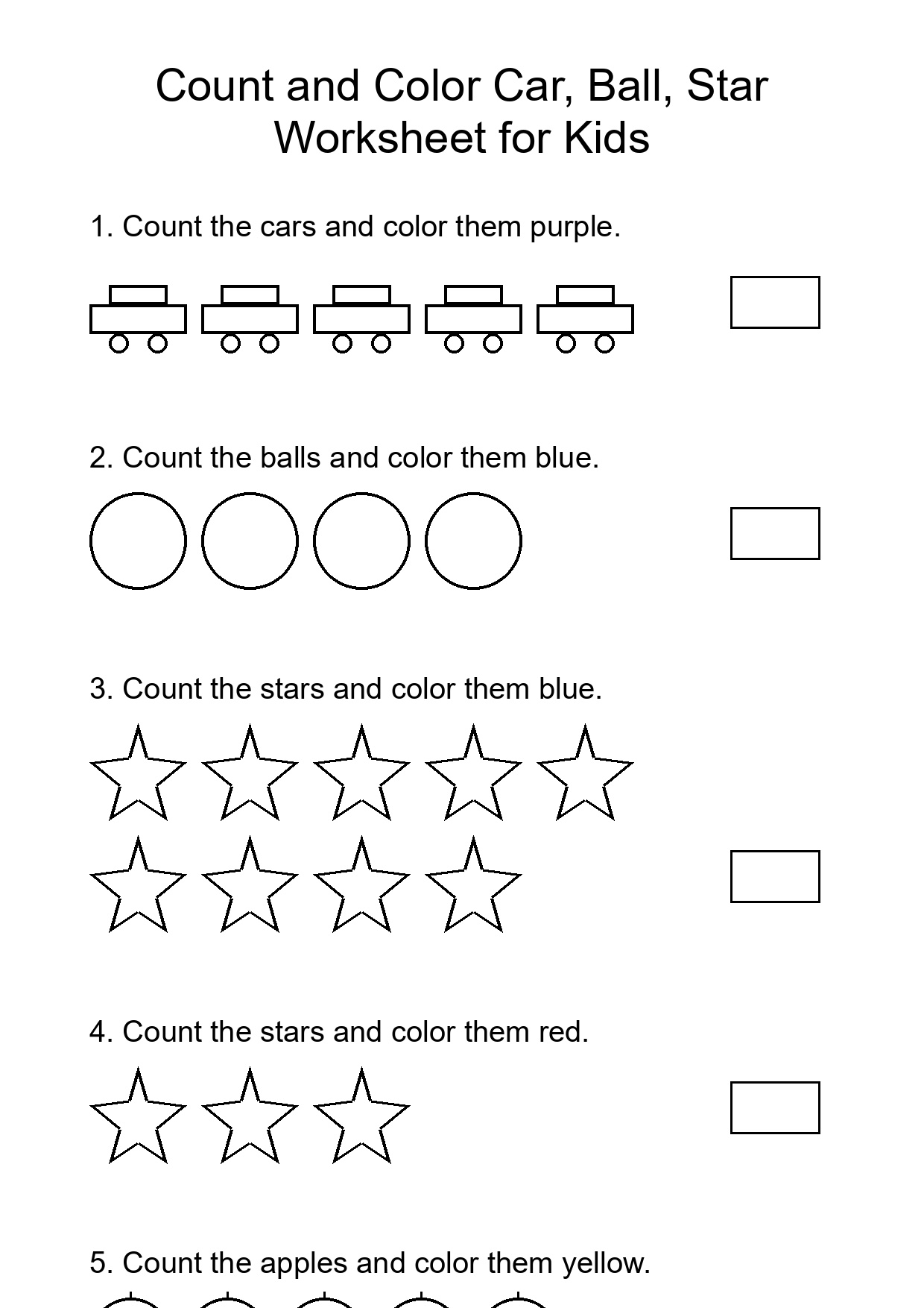 Count and Color Car, Ball, Star Worksheet for Kids