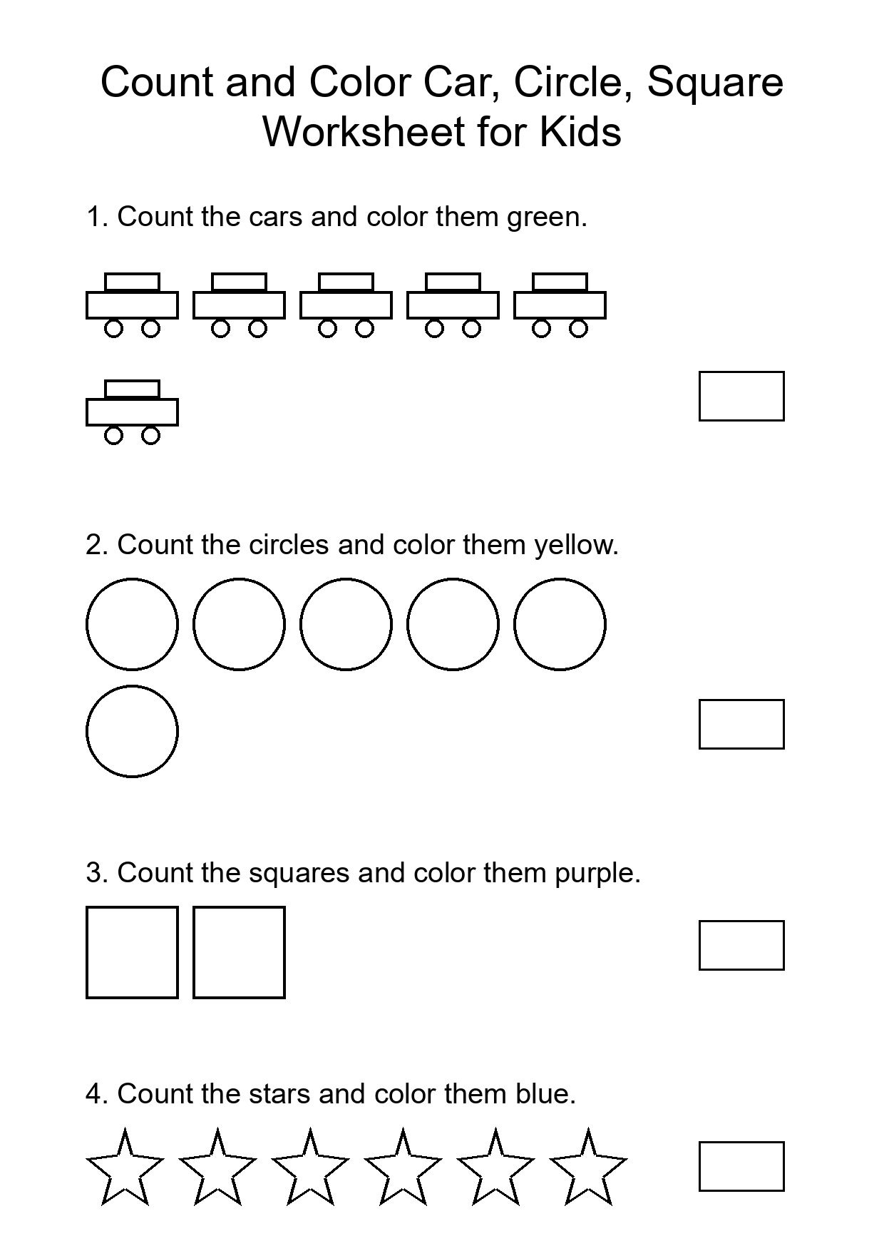 Count and Color Car, Circle, Square Worksheet for Kids