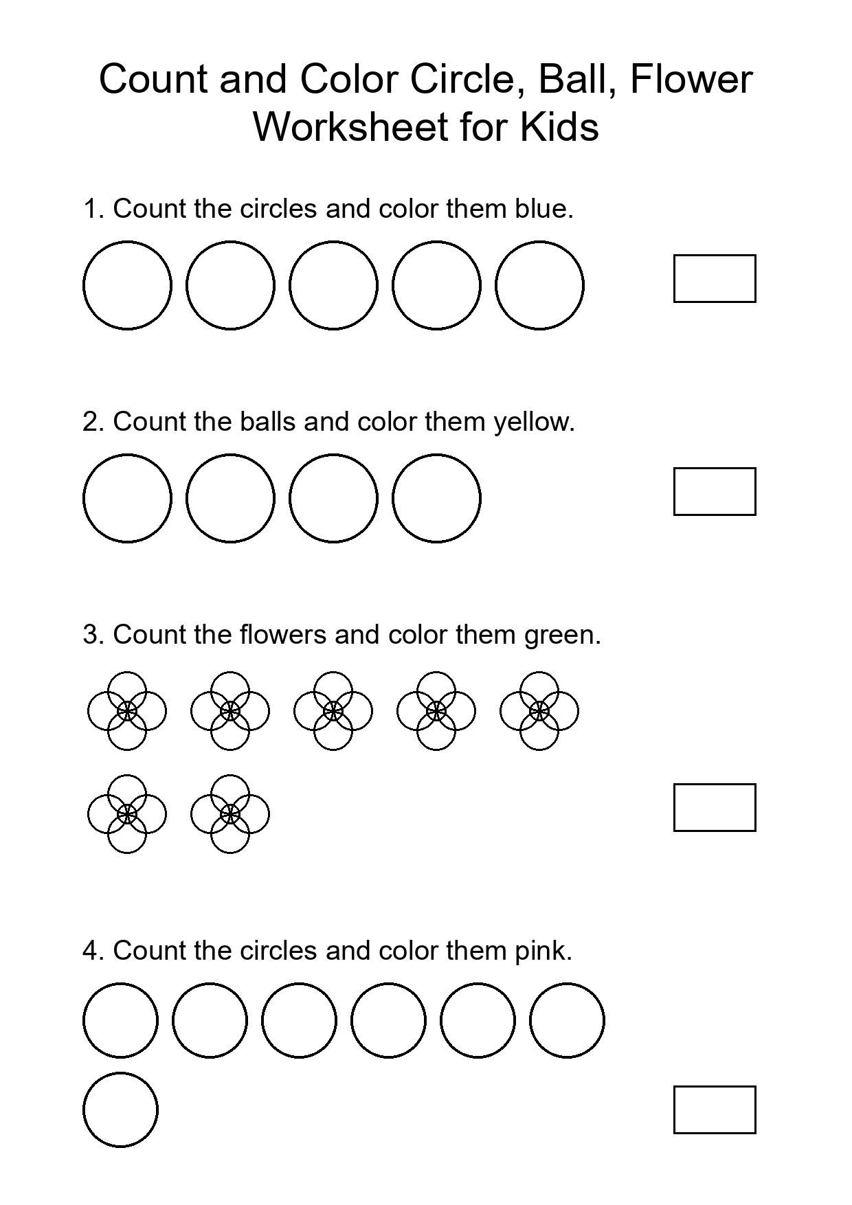 Count and Color Circle, Ball, Flower Worksheet for Kids