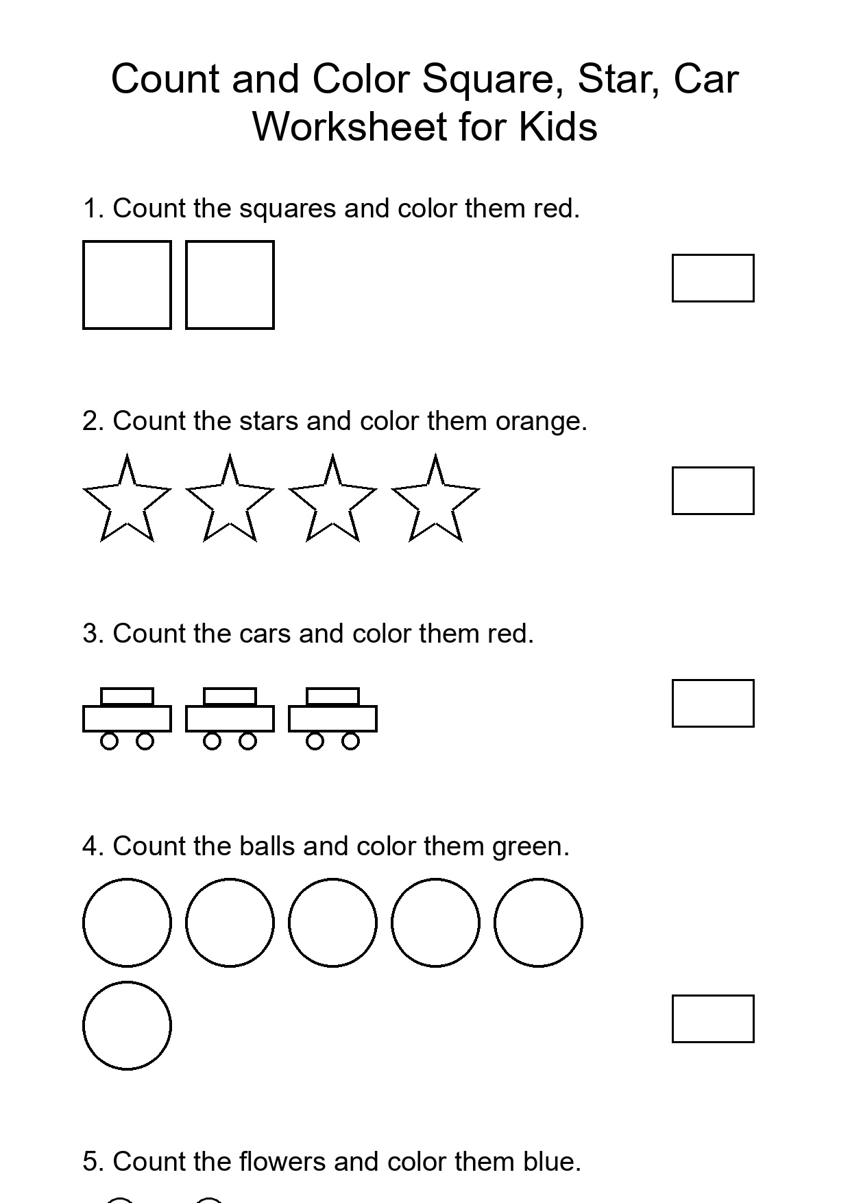 Count and Color Square, Star, Car Worksheet for Kids