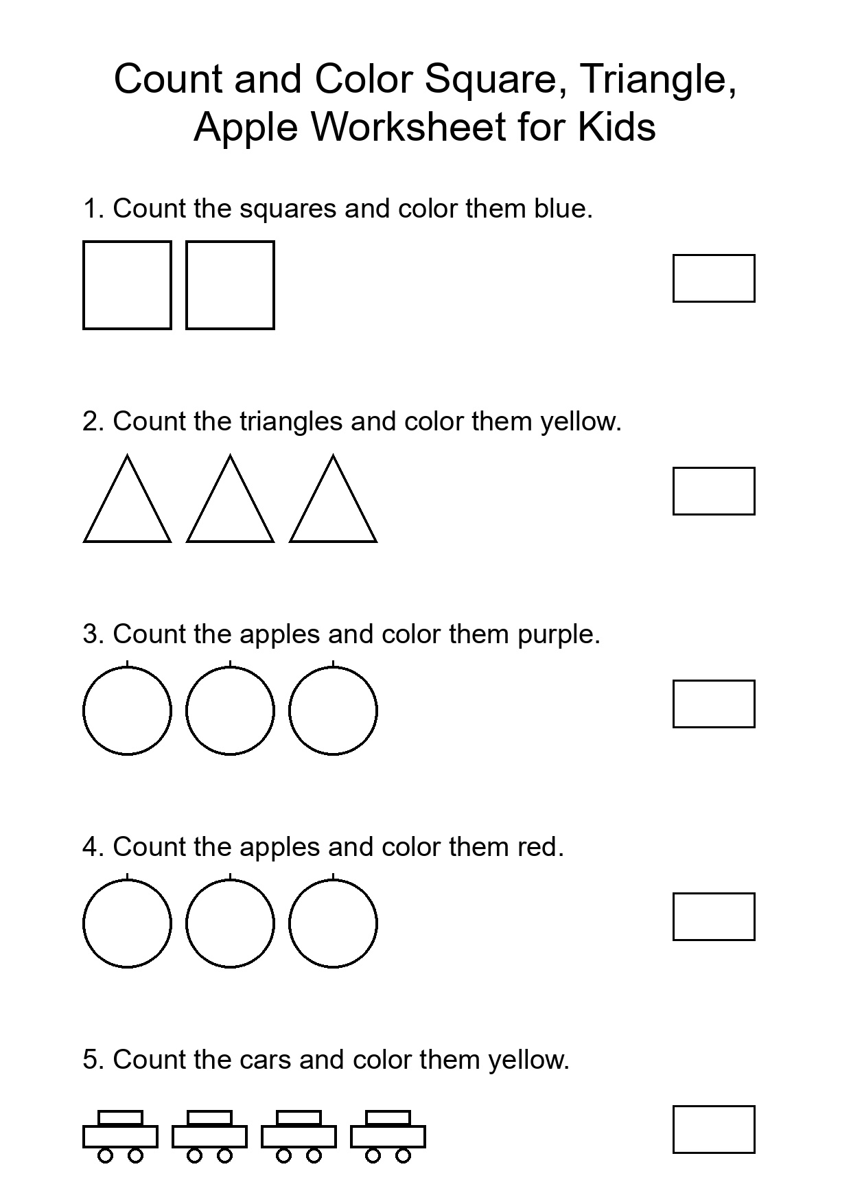 Count and Color Square, Triangle, Apple Worksheet for Kids