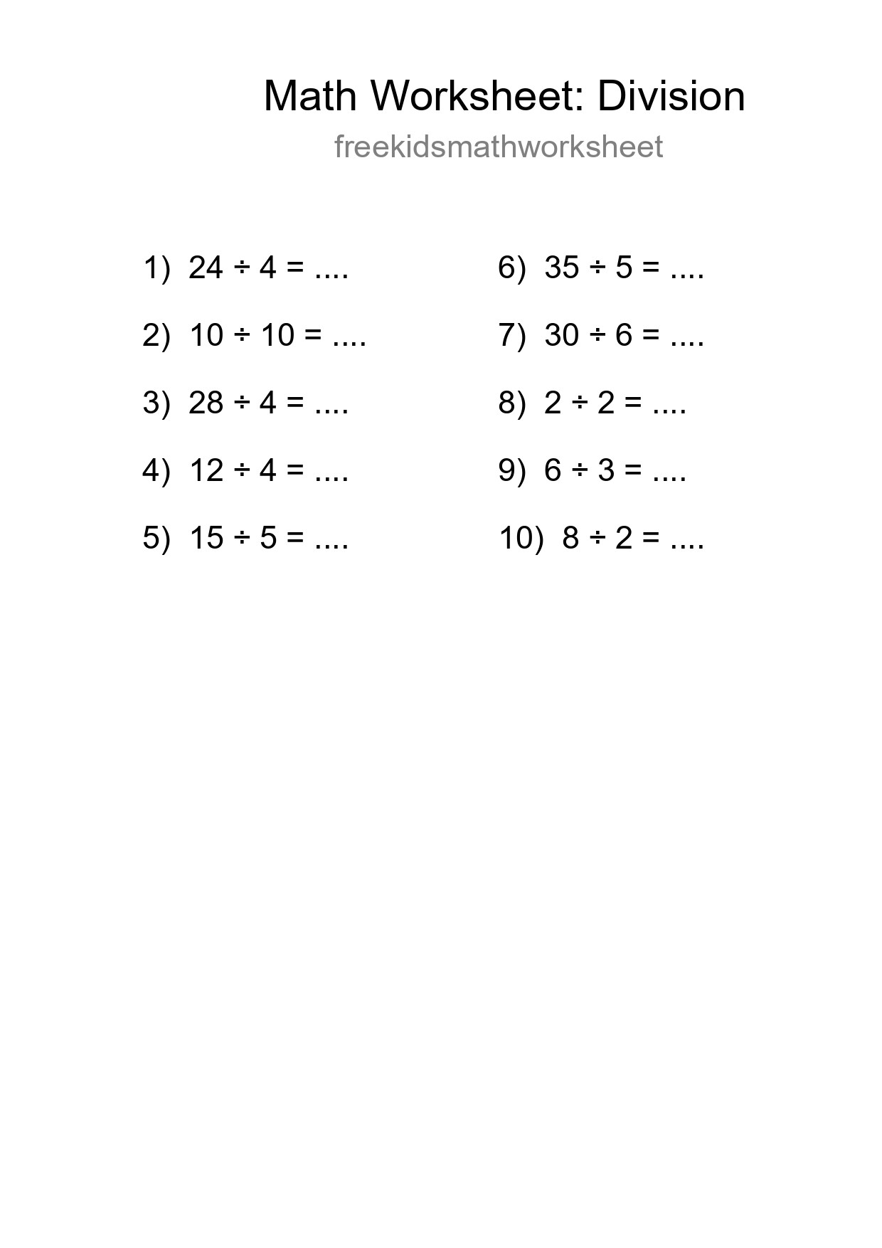 Free 10 Division Math Worksheet For Grade 1 With Answers - Part 279