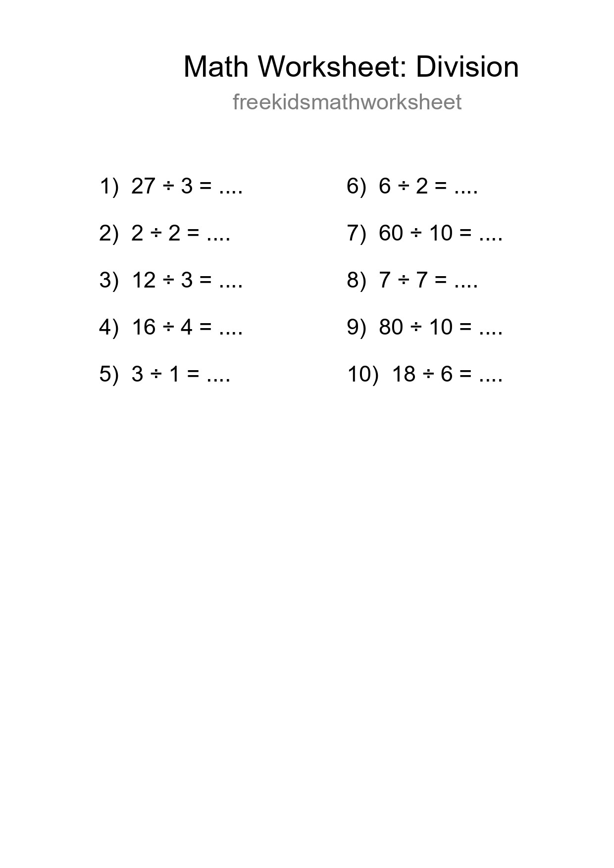 Free 10 Division Math Worksheet For Grade 1 With Answers - Part 48