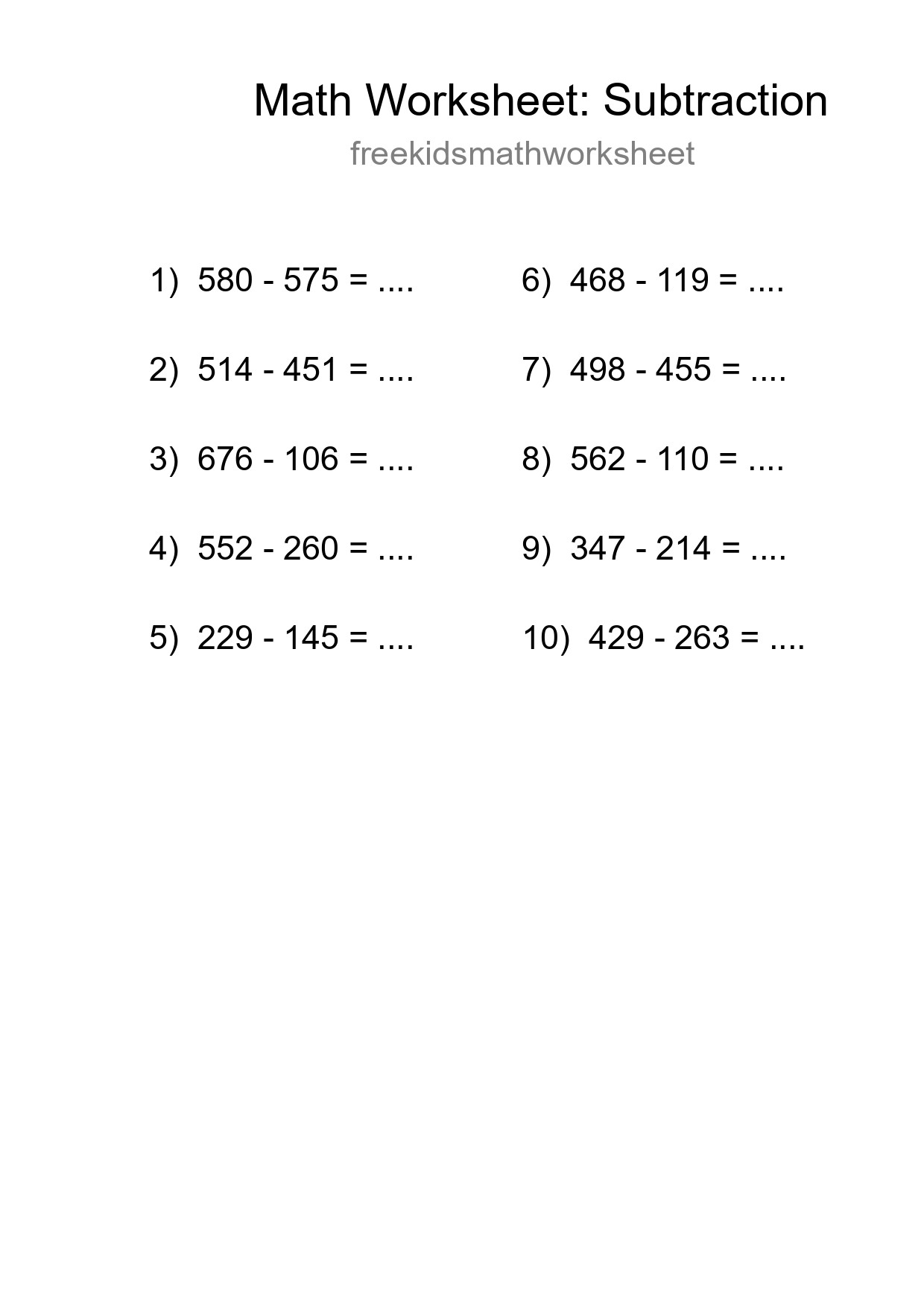 Free 10 Subtraction Math Worksheet For Grade 5 - Part 52