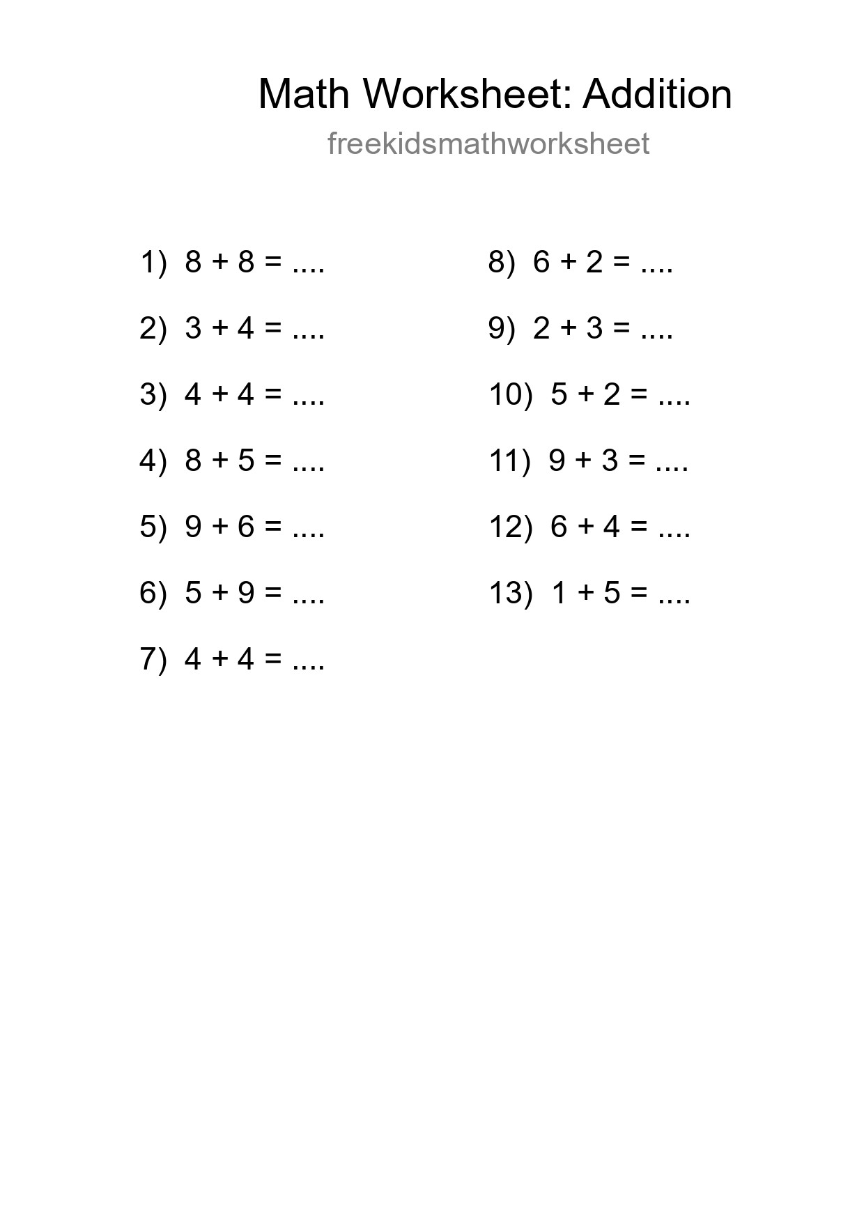 Free 13 Addition Math Worksheet For Grade 1 - Part 265
