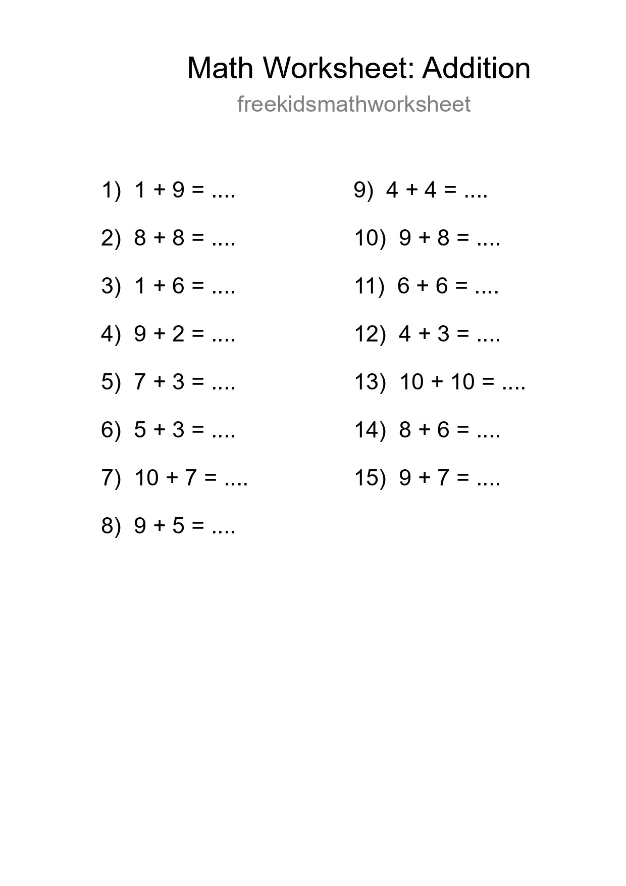 Free 15 Addition Math Worksheet For Grade 1 - Part 56