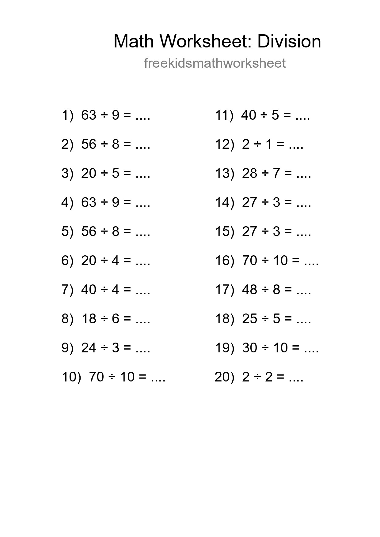 Free 20 Division Math Worksheet For Grade 1 With Answers - Part 92