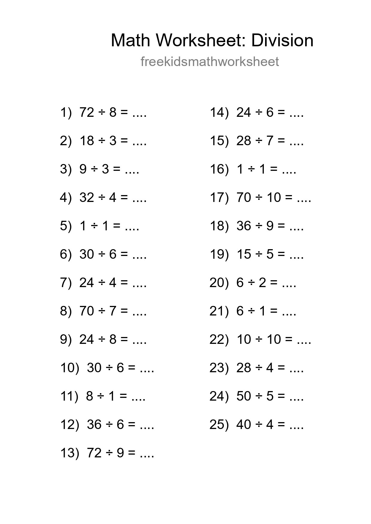 Free 25 Division Math Worksheet For Grade 1 - Part 136