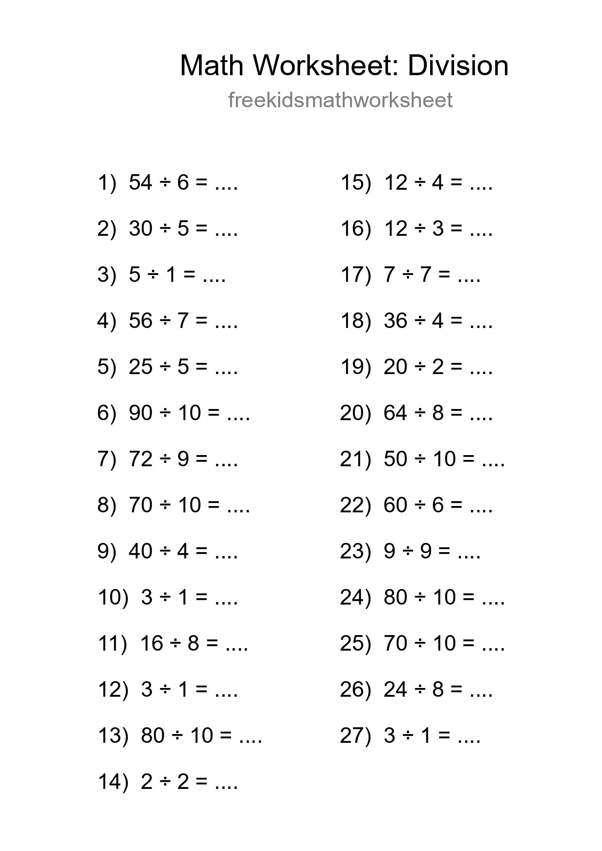 Free 27 Division Math Worksheet For Grade 1 With Answers - Part 180