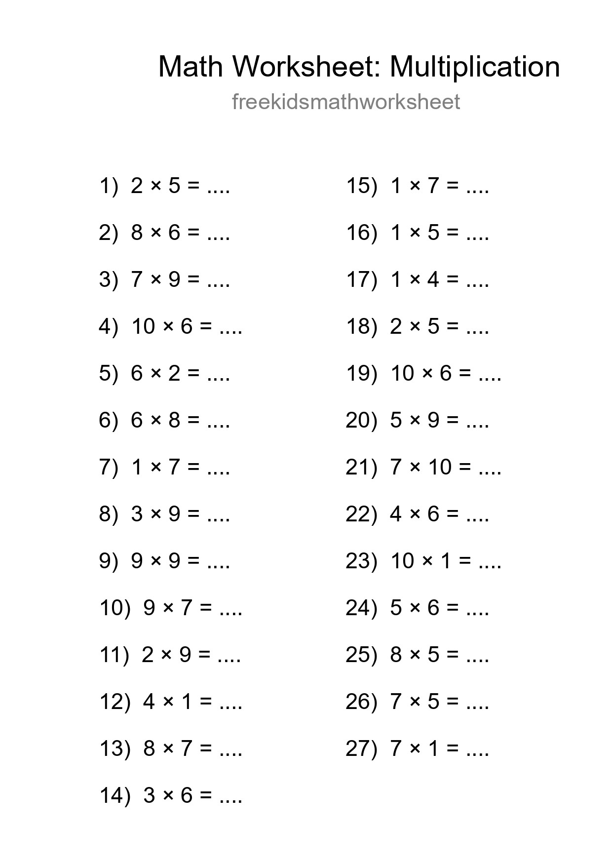 Free 27 Multiplication Math Worksheet For Grade 1 - Part 150