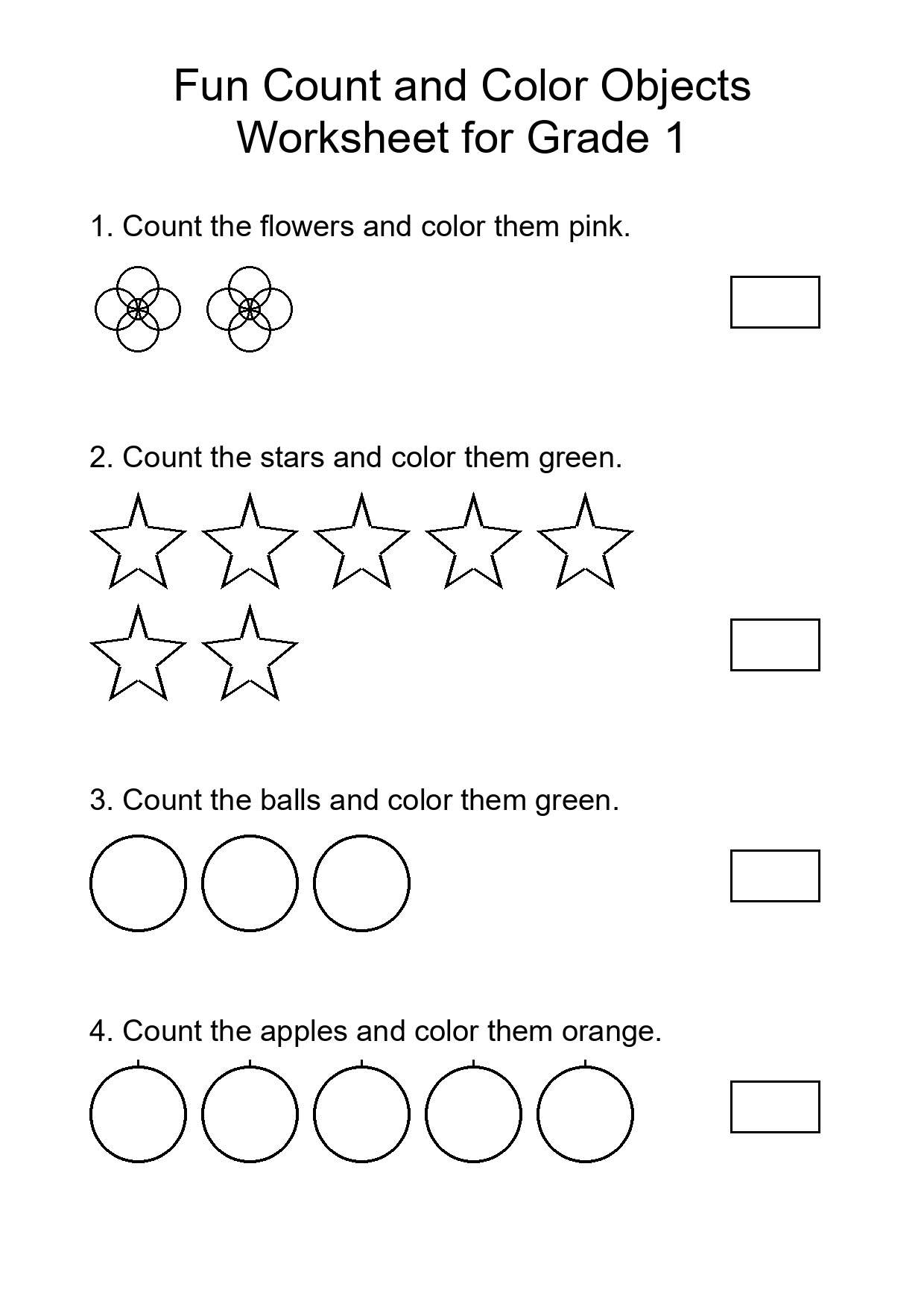 Fun Count and Color Objects Worksheet for Grade 1