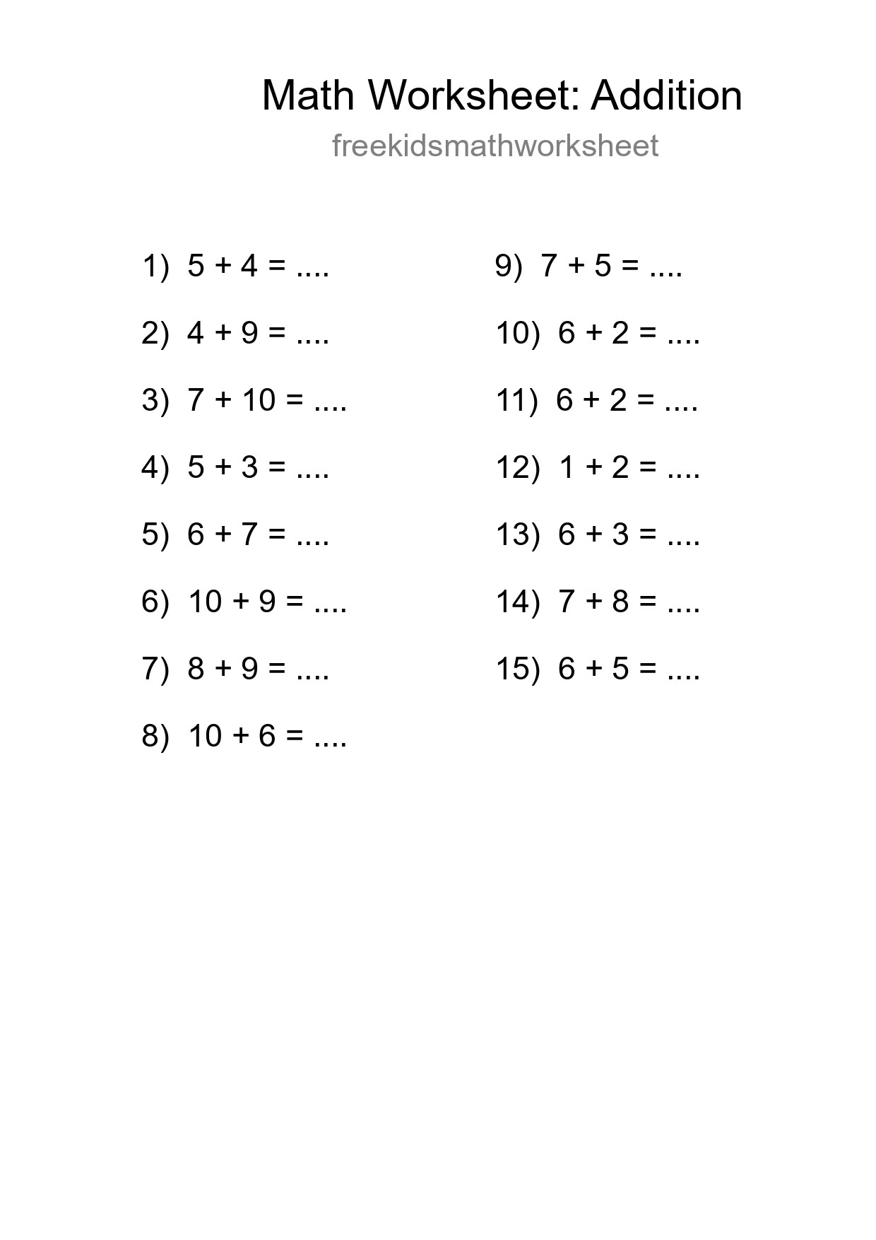 Grade 1 Addition Practice Worksheet (15 Problems) - Part 34
