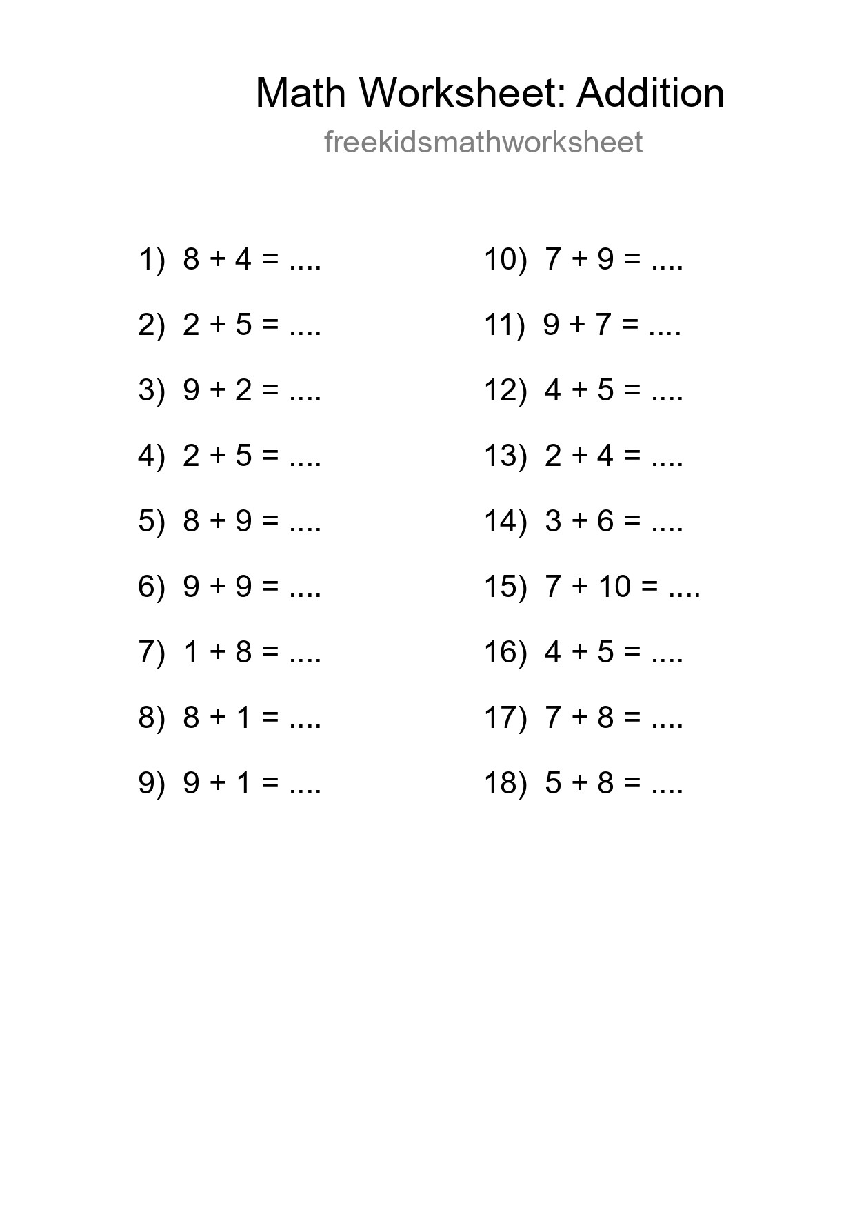 Grade 1 Addition Practice Worksheet (18 Problems) - Part 166