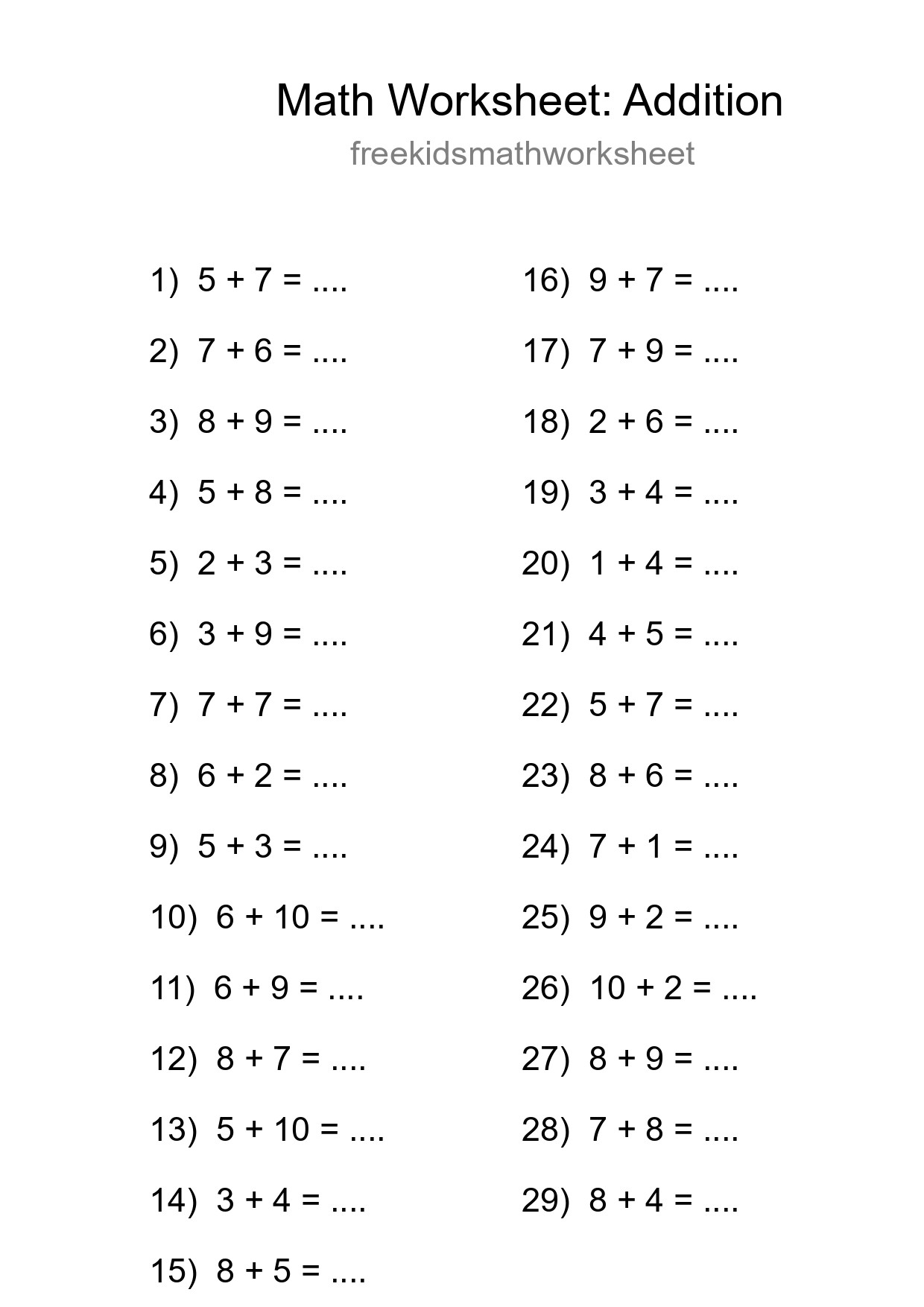 Grade 1 Addition Practice Worksheet (29 Problems) - Part 221