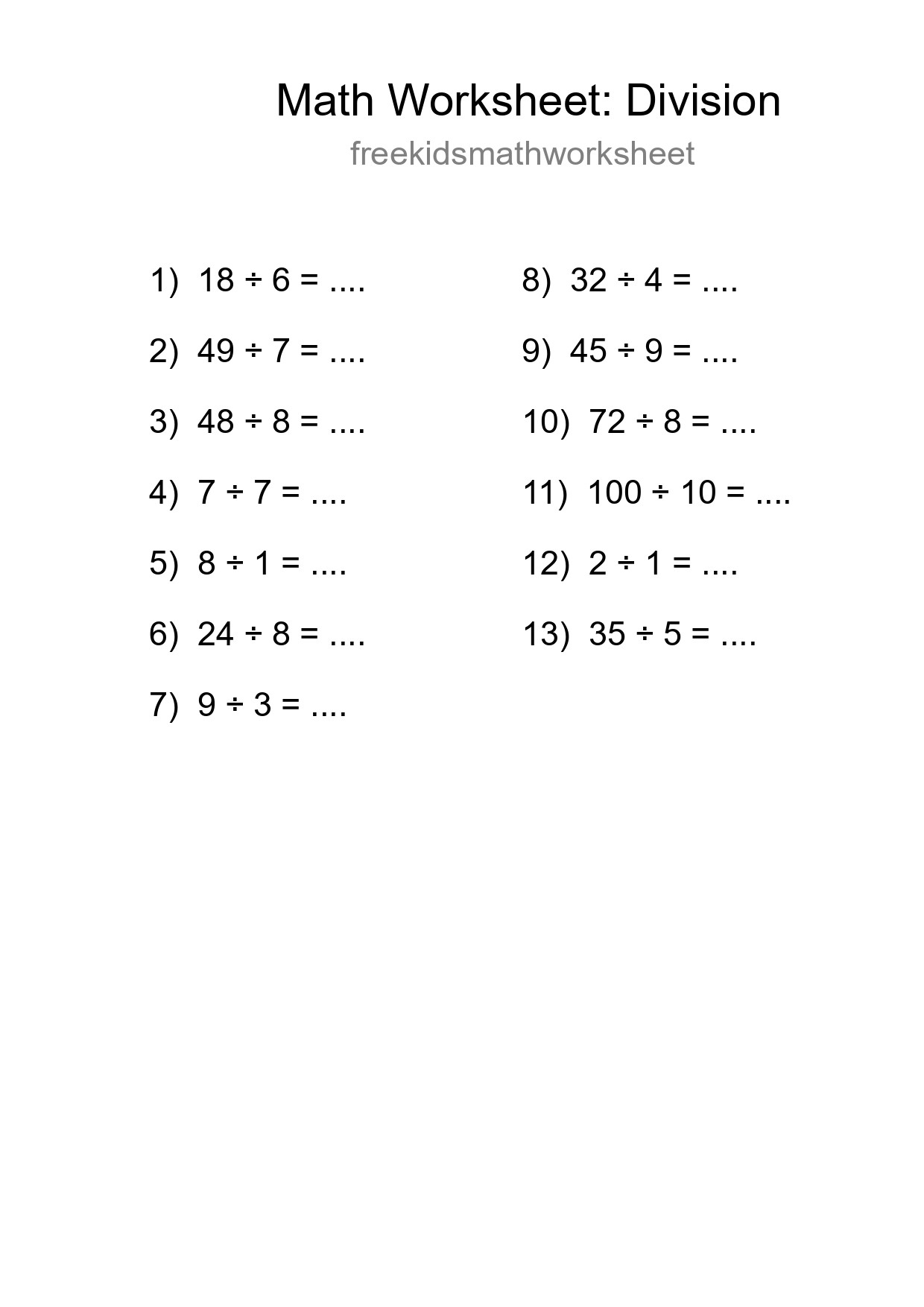Grade 1 Division Practice Worksheet (13 Problems) - Part 257
