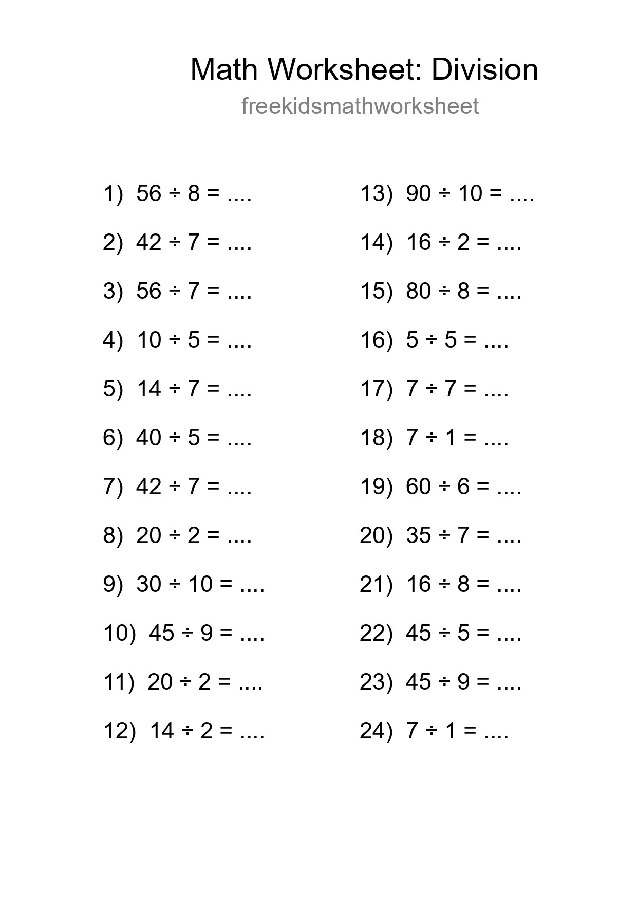 Grade 1 Division Practice Worksheet (24 Problems) - Part 70