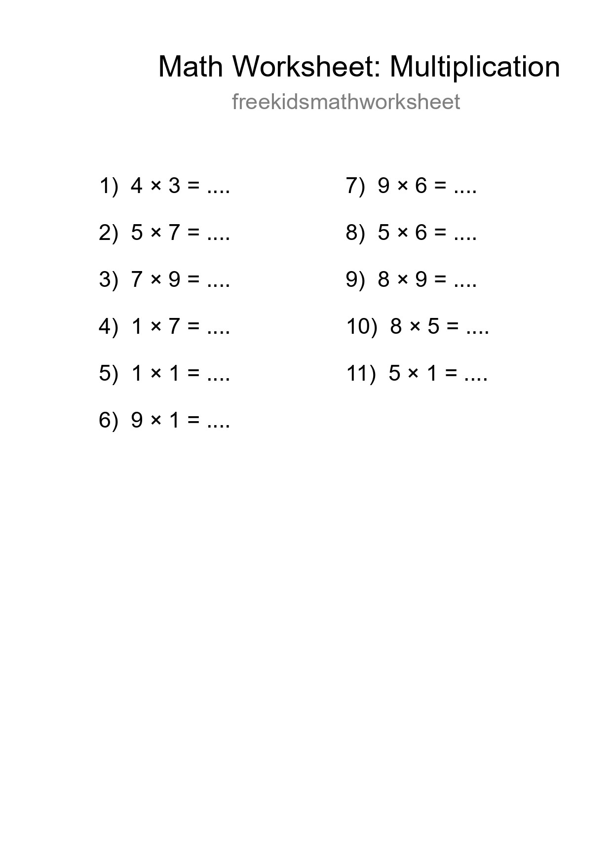 Grade 1 Multiplication Practice Worksheet (11 Problems) - Part 139