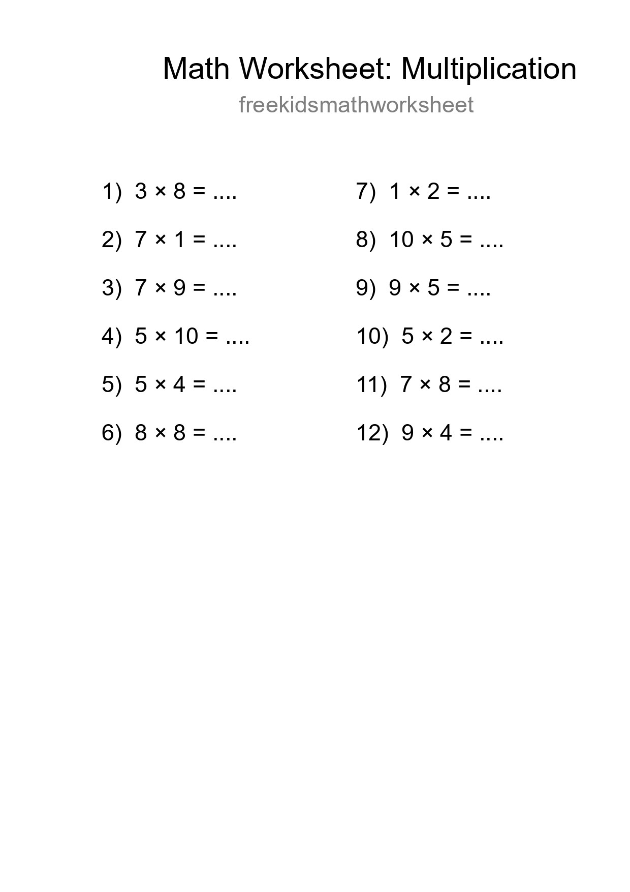 Grade 1 Multiplication Practice Worksheet (12 Problems) - Part 84