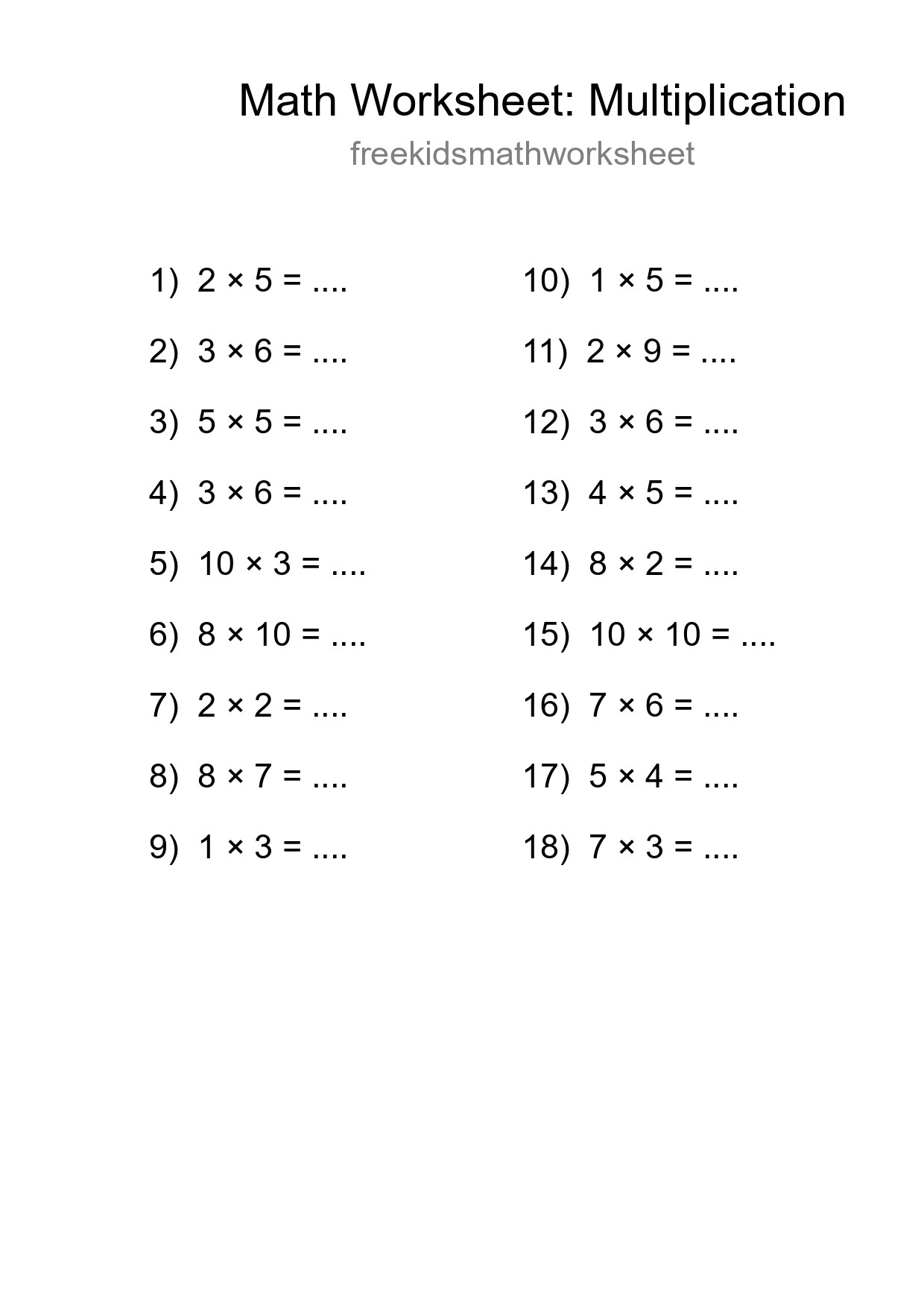 Grade 1 Multiplication Practice Worksheet (18 Problems) - Part 260