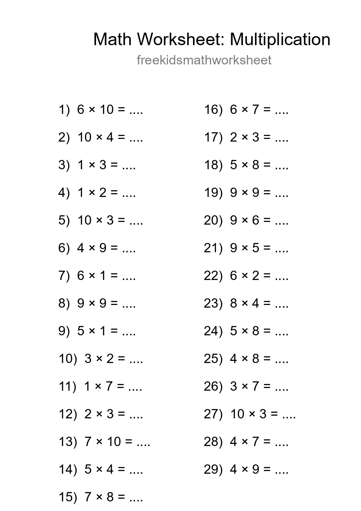 Grade 1 Multiplication Practice Worksheet (29 Problems) - Part 227