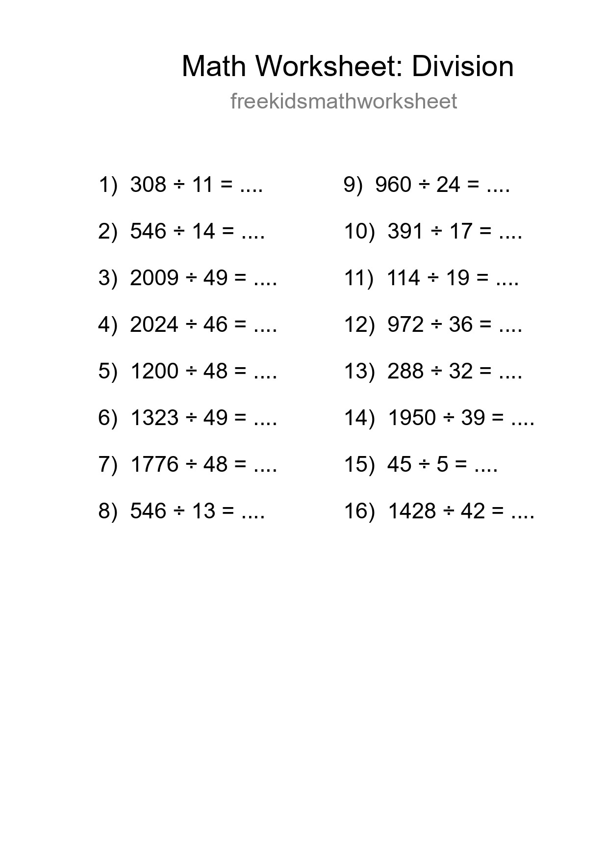Grade 2 Division Practice Worksheet (16 Problems) - Part 114