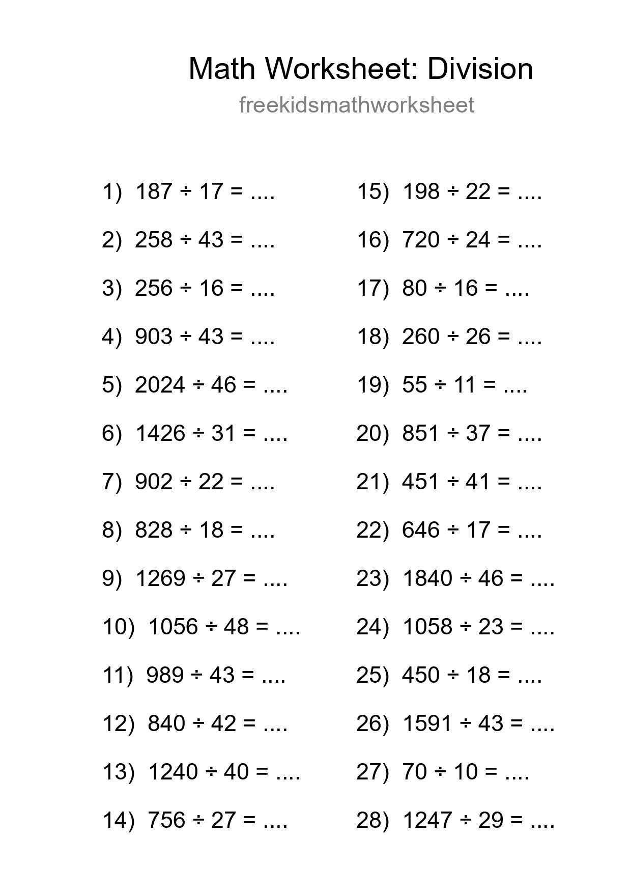 Grade 2 Division Practice Worksheet (28 Problems) - Part 224