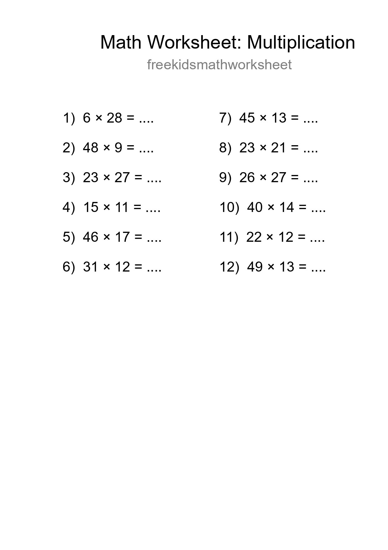 Grade 2 Multiplication Practice Worksheet (12 Problems) - Part 172