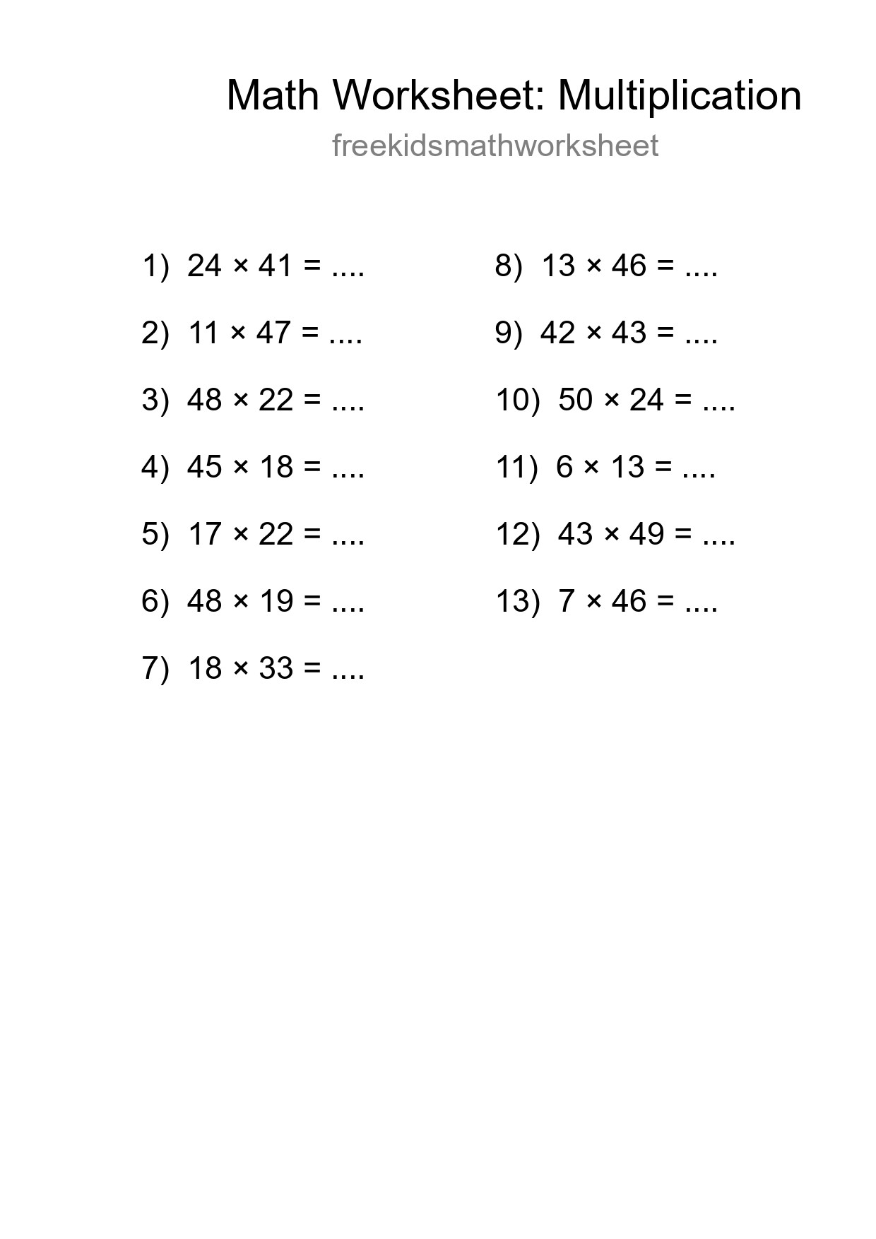 Grade 2 Multiplication Practice Worksheet (13 Problems) - Part 216