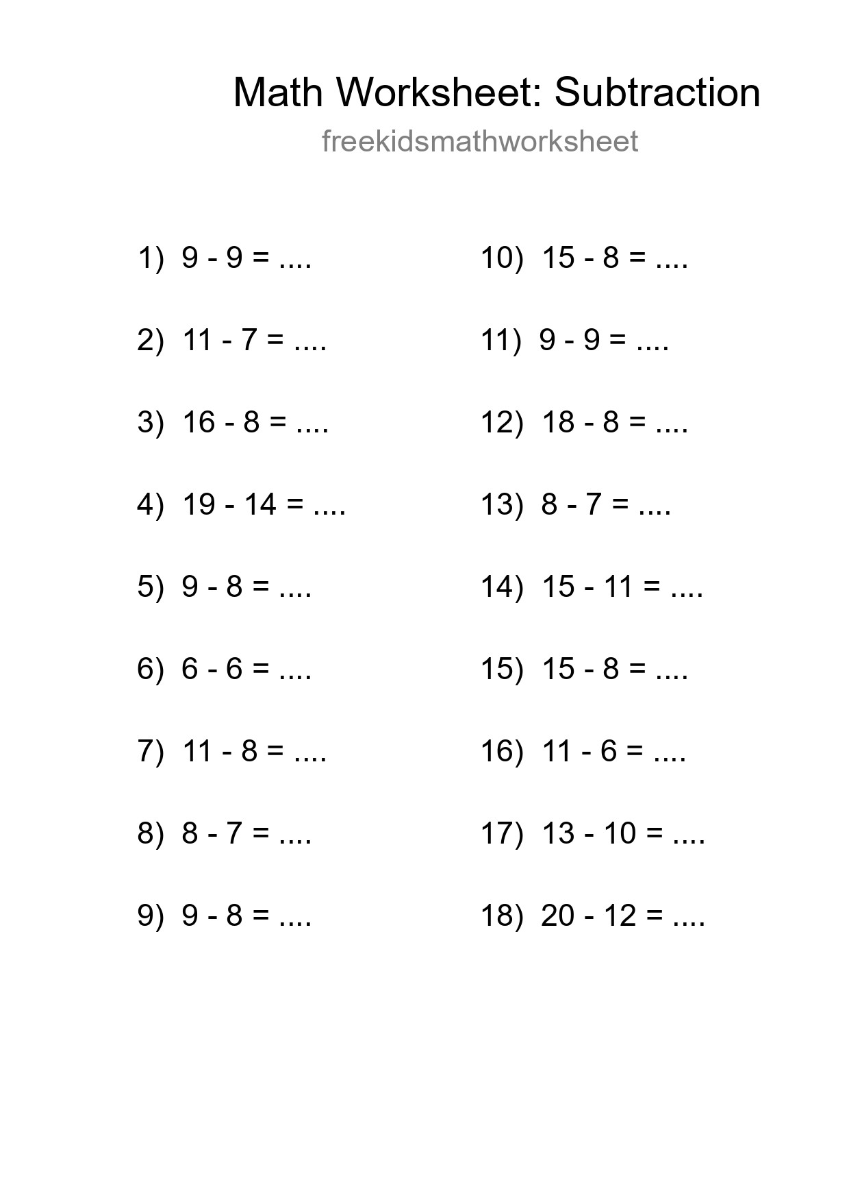 Grade 2 Subtraction Practice Worksheet (18 Problems) - Part 41