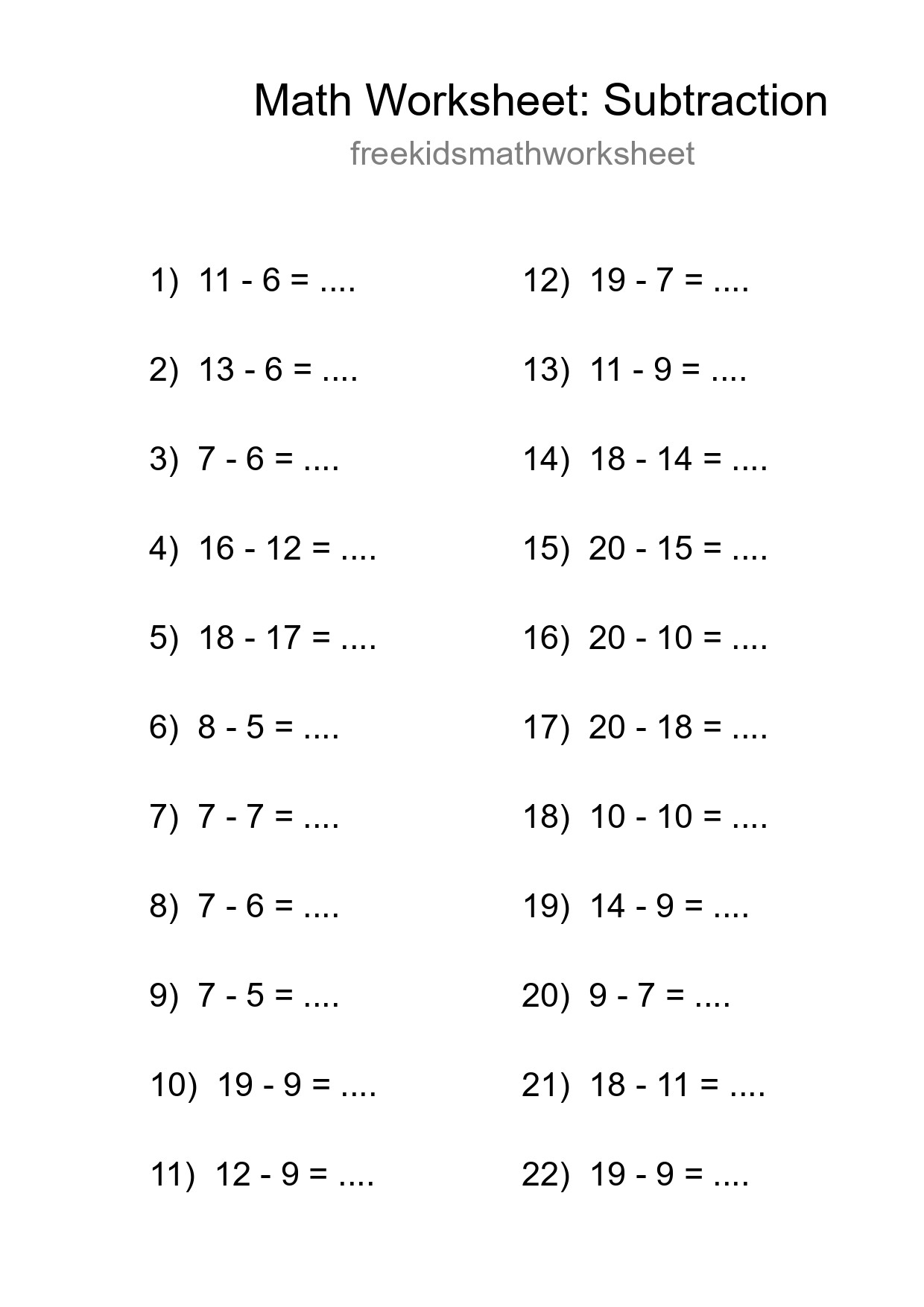Grade 2 Subtraction Practice Worksheet (22 Problems) - Part 19
