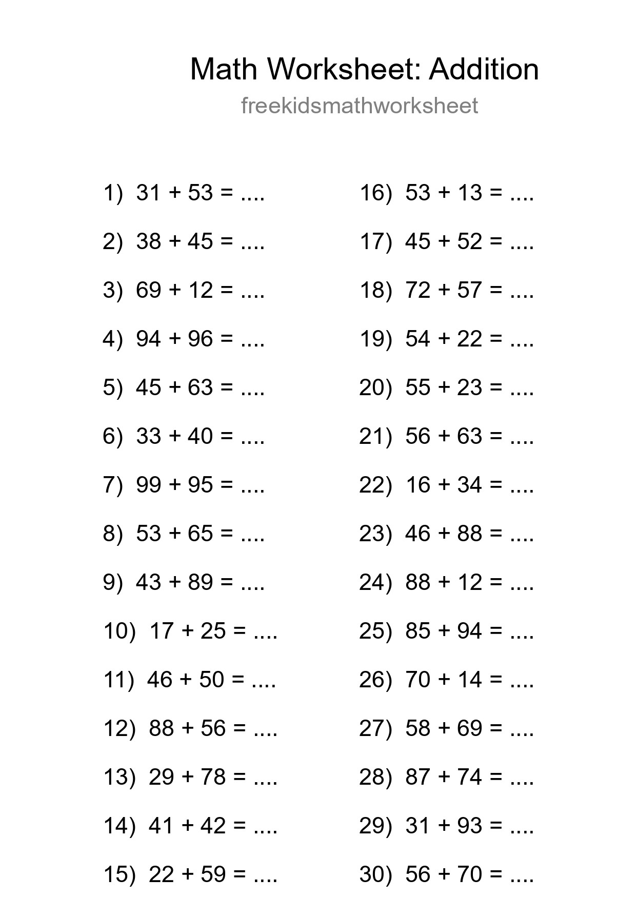 Grade 3 Addition Practice Worksheet (30 Problems)