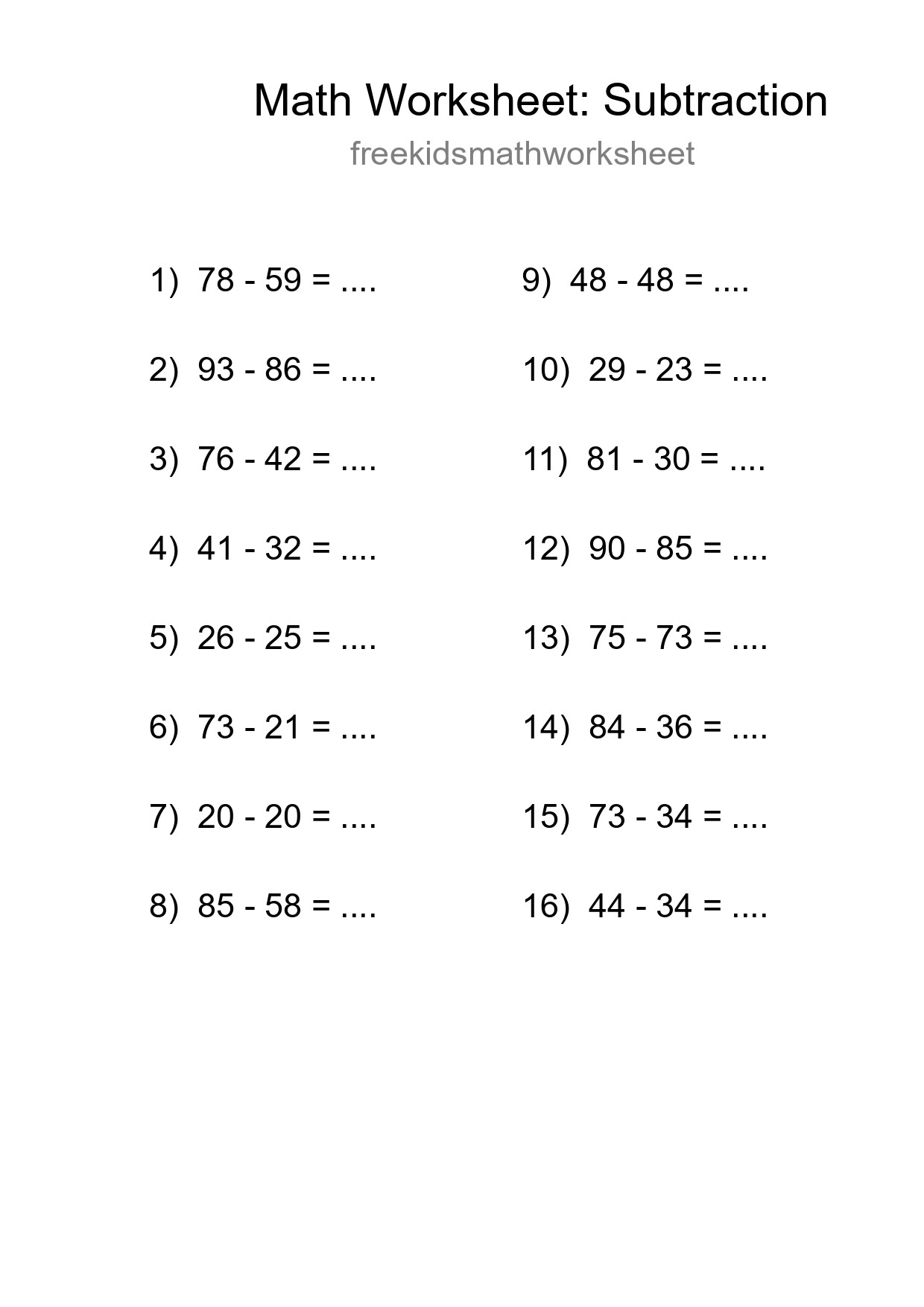 Grade 3 Subtraction Practice Worksheet (16 Problems) - Part 239
