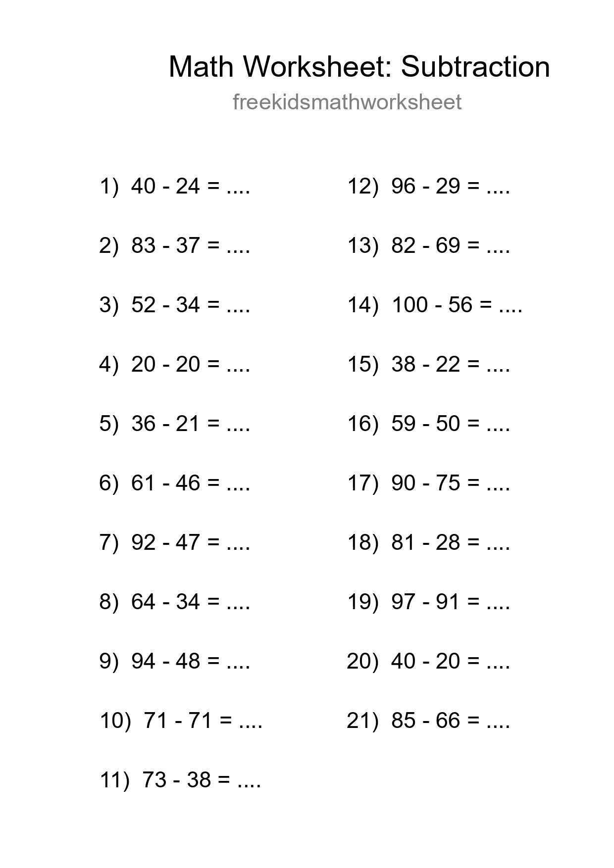 Grade 3 Subtraction Practice Worksheet (21 Problems) - Part 85