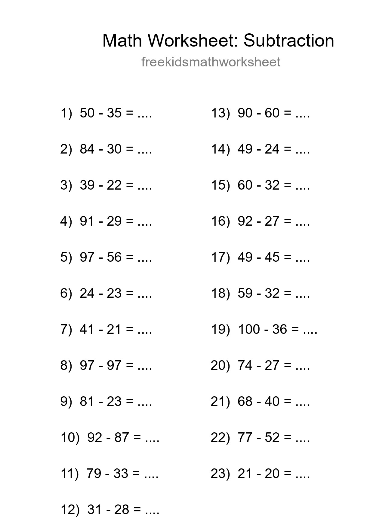 Grade 3 Subtraction Practice Worksheet (23 Problems) - Part 8