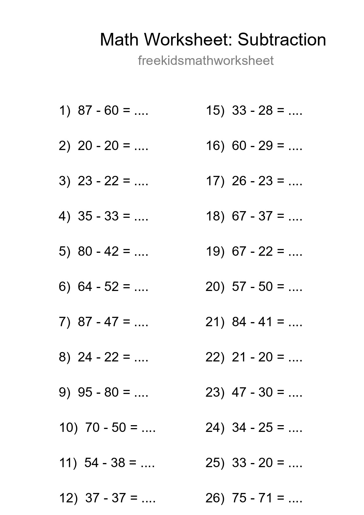 Grade 3 Subtraction Practice Worksheet (28 Problems) - Part 173