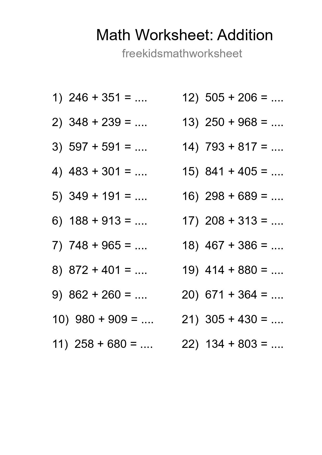 Grade 5 Addition Practice Worksheet (22 Problems) - Part 89