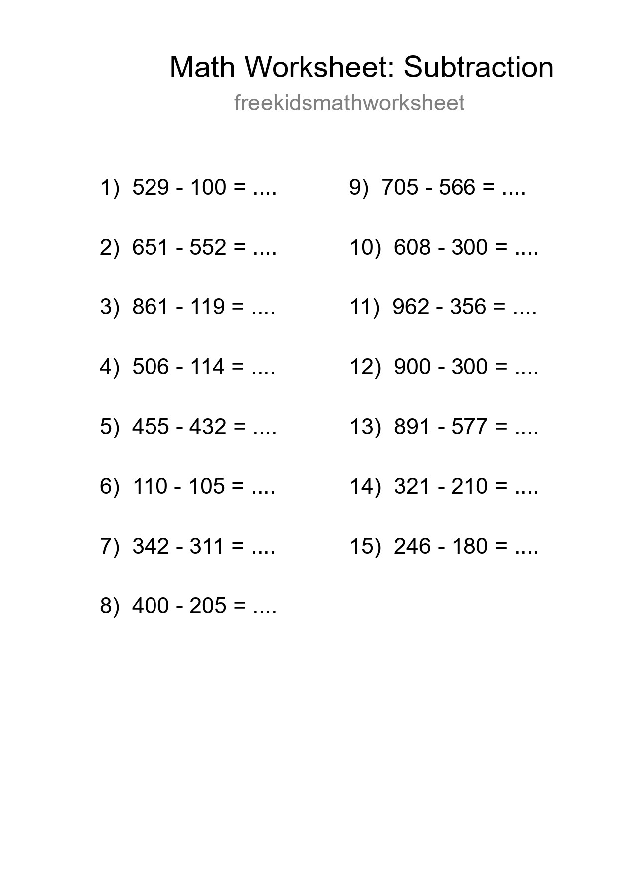 Grade 5 Subtraction Practice Worksheet (15 Problems) - Part 184