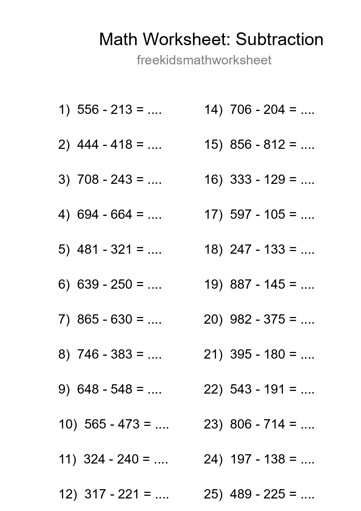 Grade 5 Subtraction Practice Worksheet (26 Problems) - Part 261