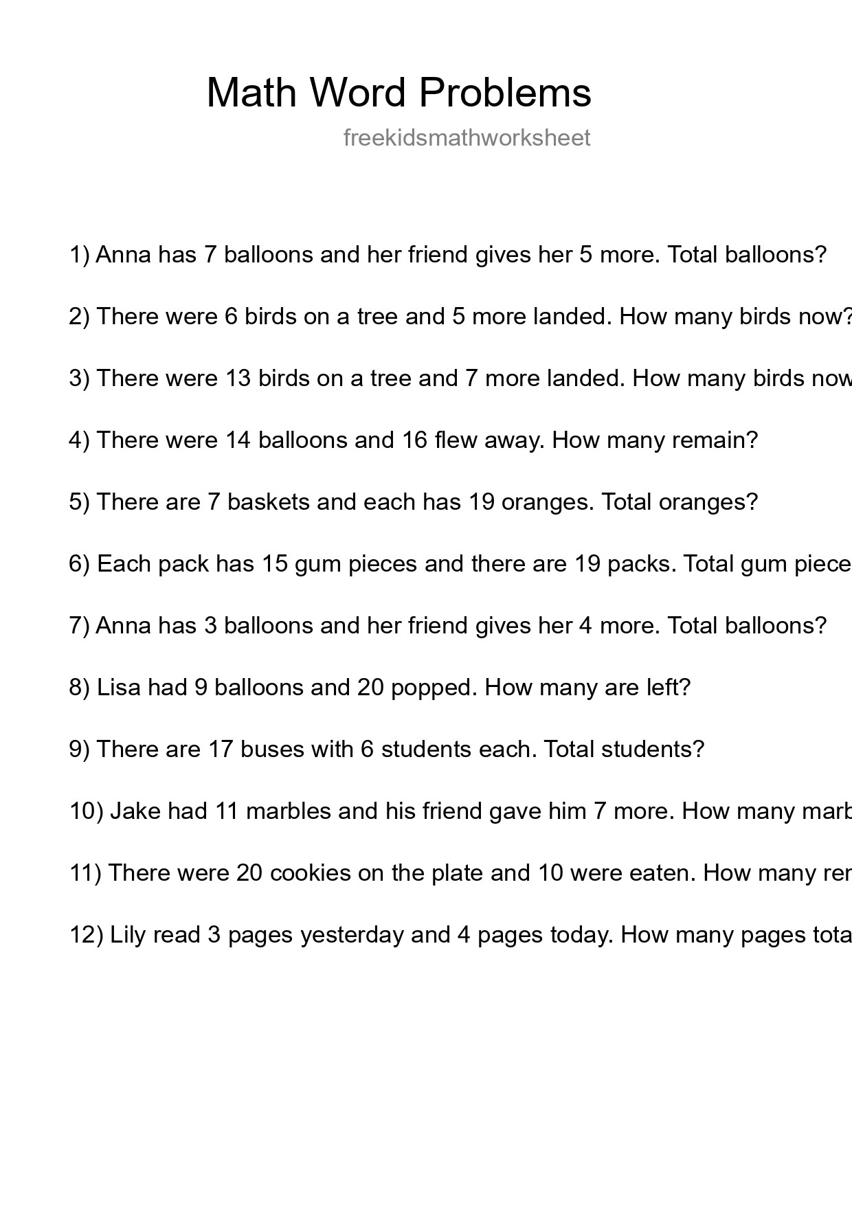 Math Word Problem Worksheet