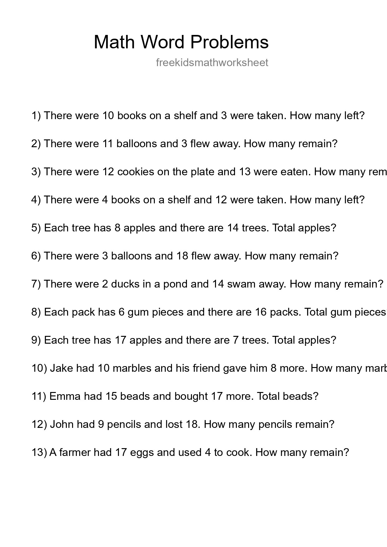 Math Word Problem Worksheet