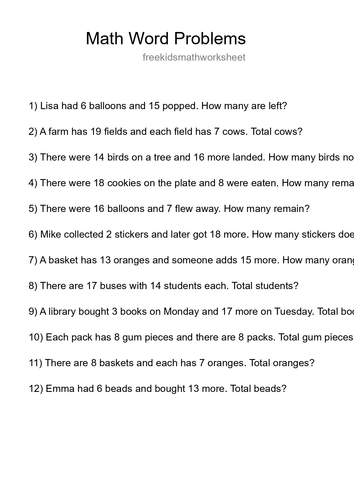 Math Word Problem Worksheet