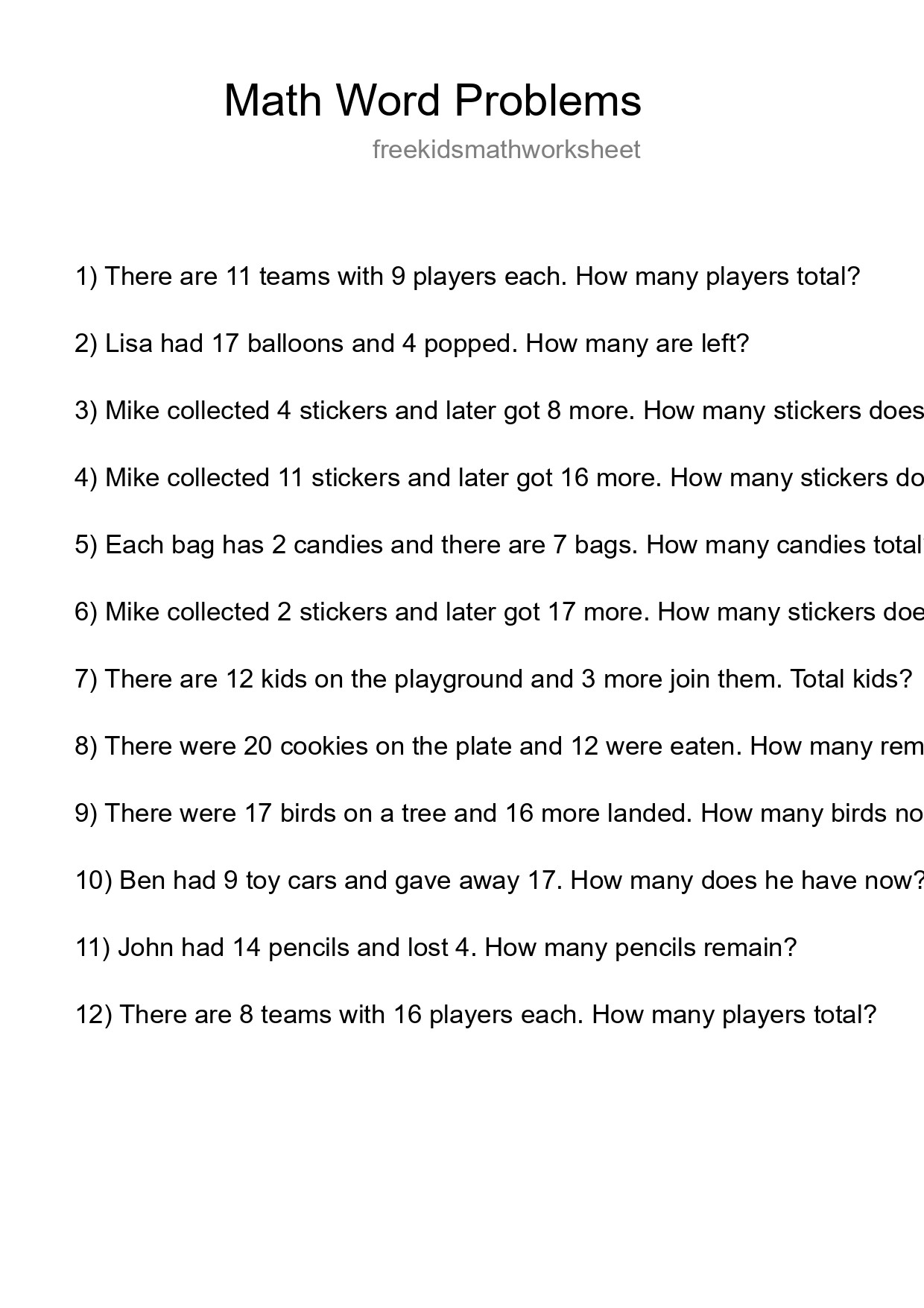 Math Word Problem Worksheet