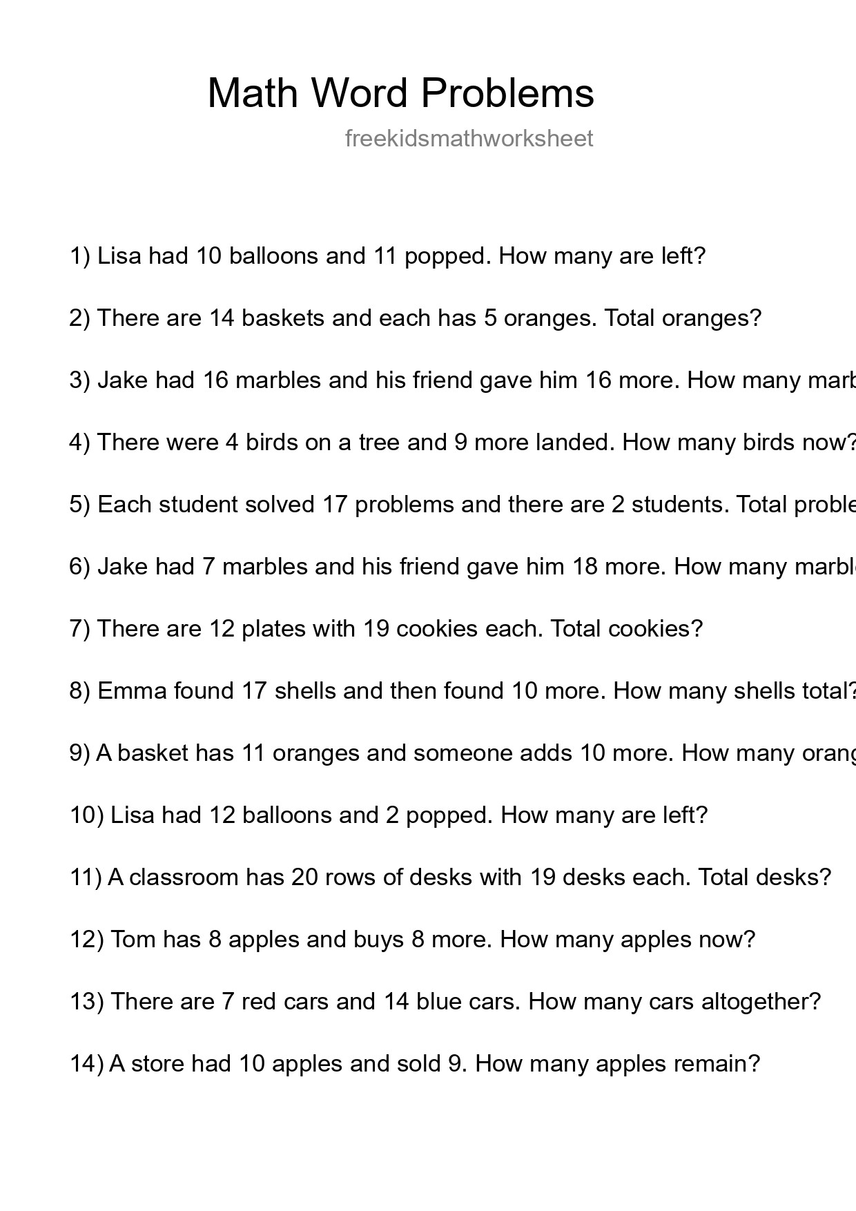 Math Word Problem Worksheet