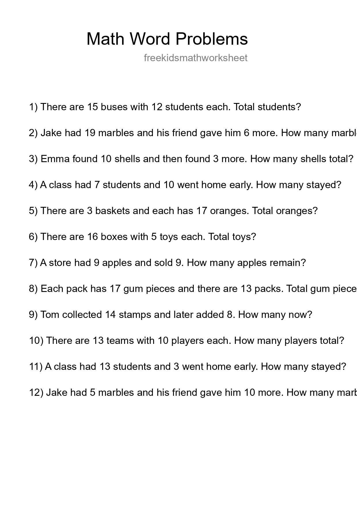 Math Word Problem Worksheet