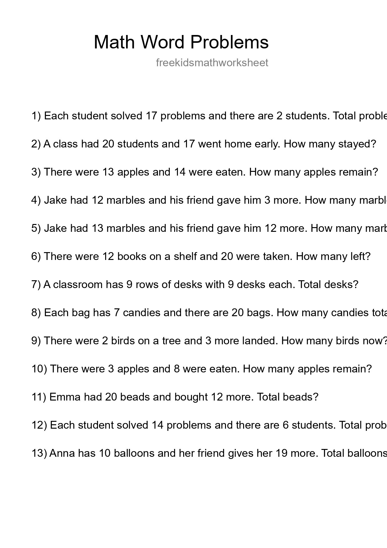 Math Word Problem Worksheet